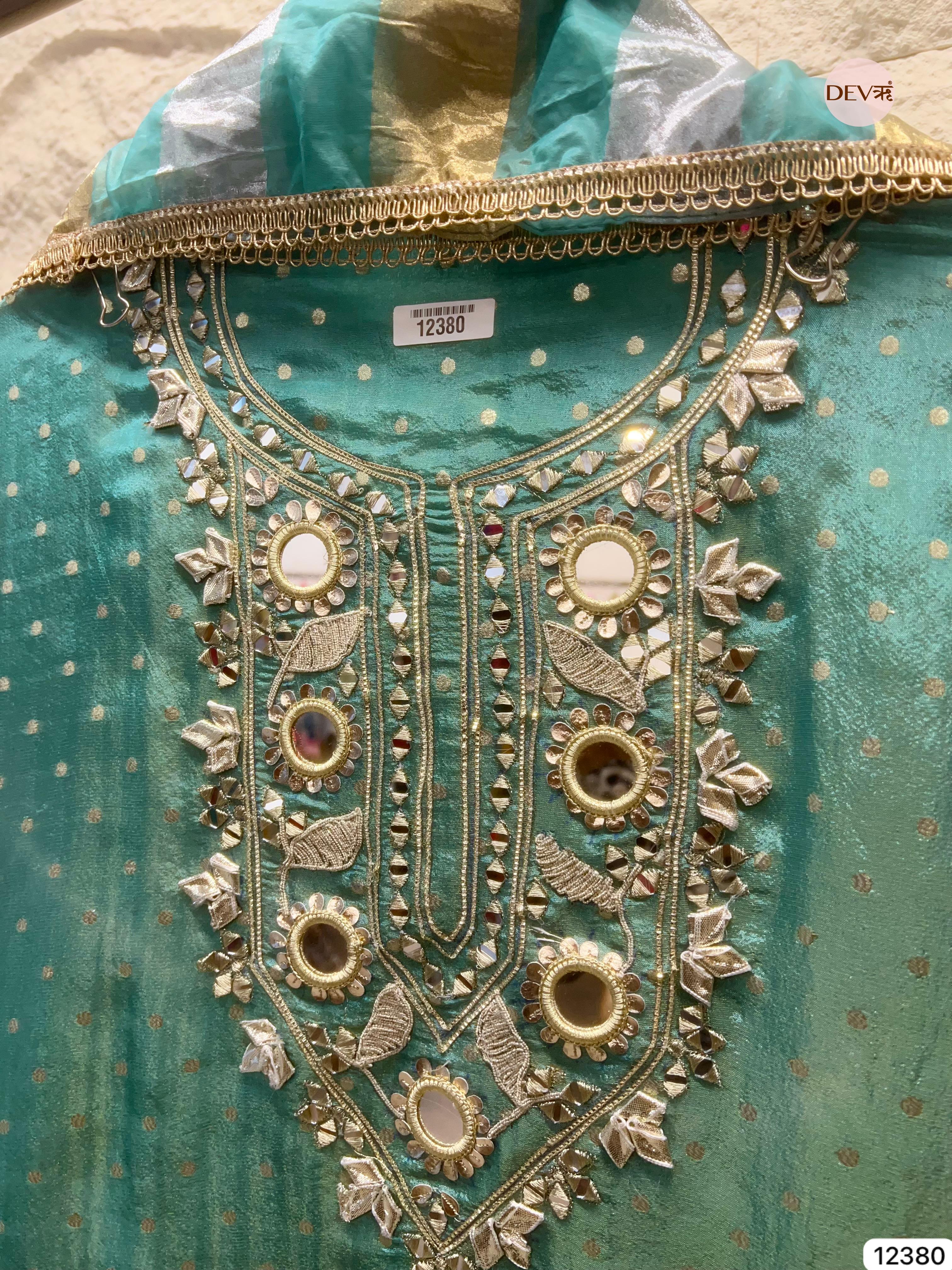Sea Green Tissue Silk Embroidered Unstitched 3-Piece Suit (Devri – D.No 12380)