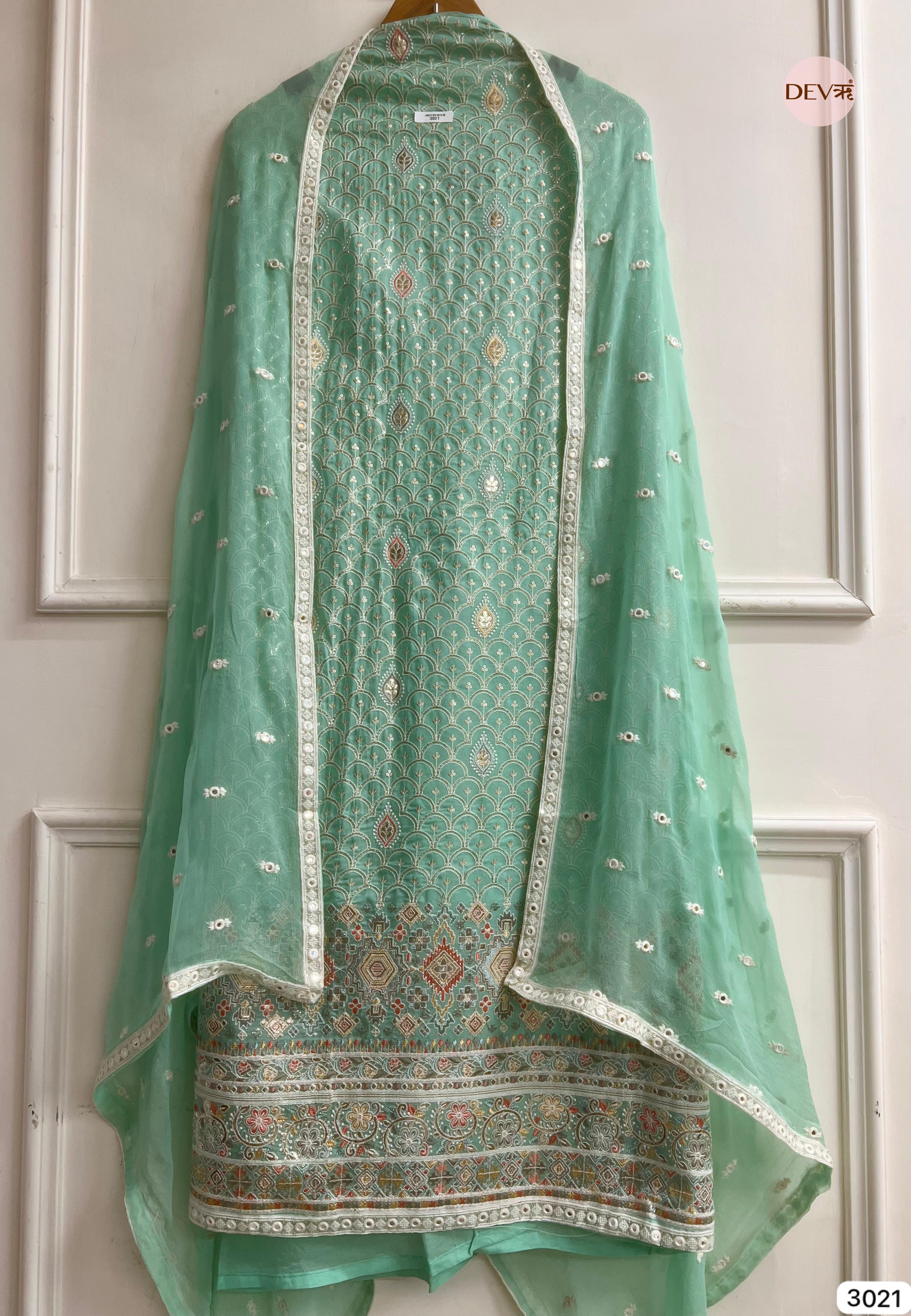 Sea Green Organza Embroidered Unstitched 3-Piece Suit (Devri – D.No 3021)