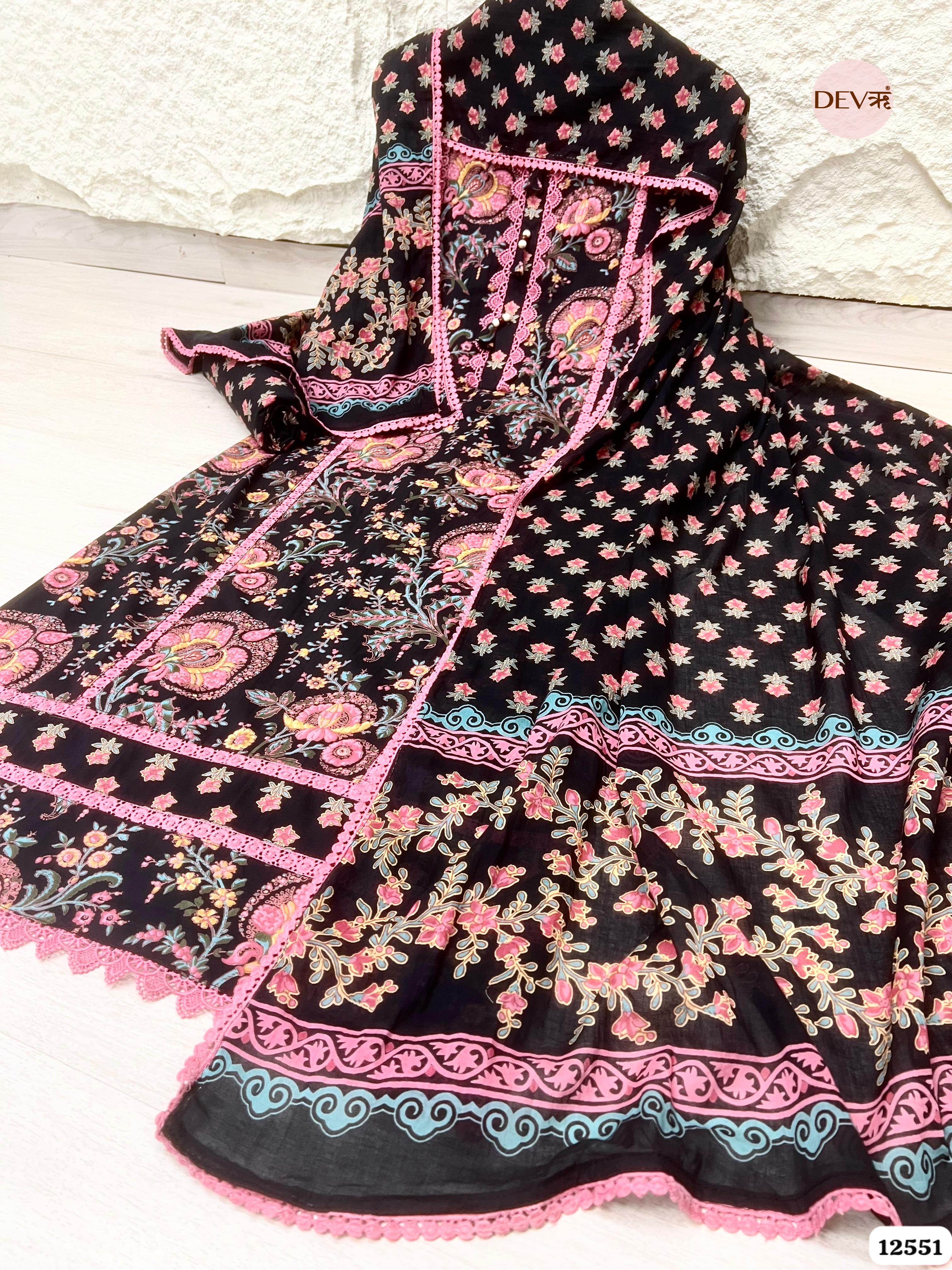 Black Pure Cotton Floral Printed Unstitched 3-Piece Suit (Devri – D.No 12551)