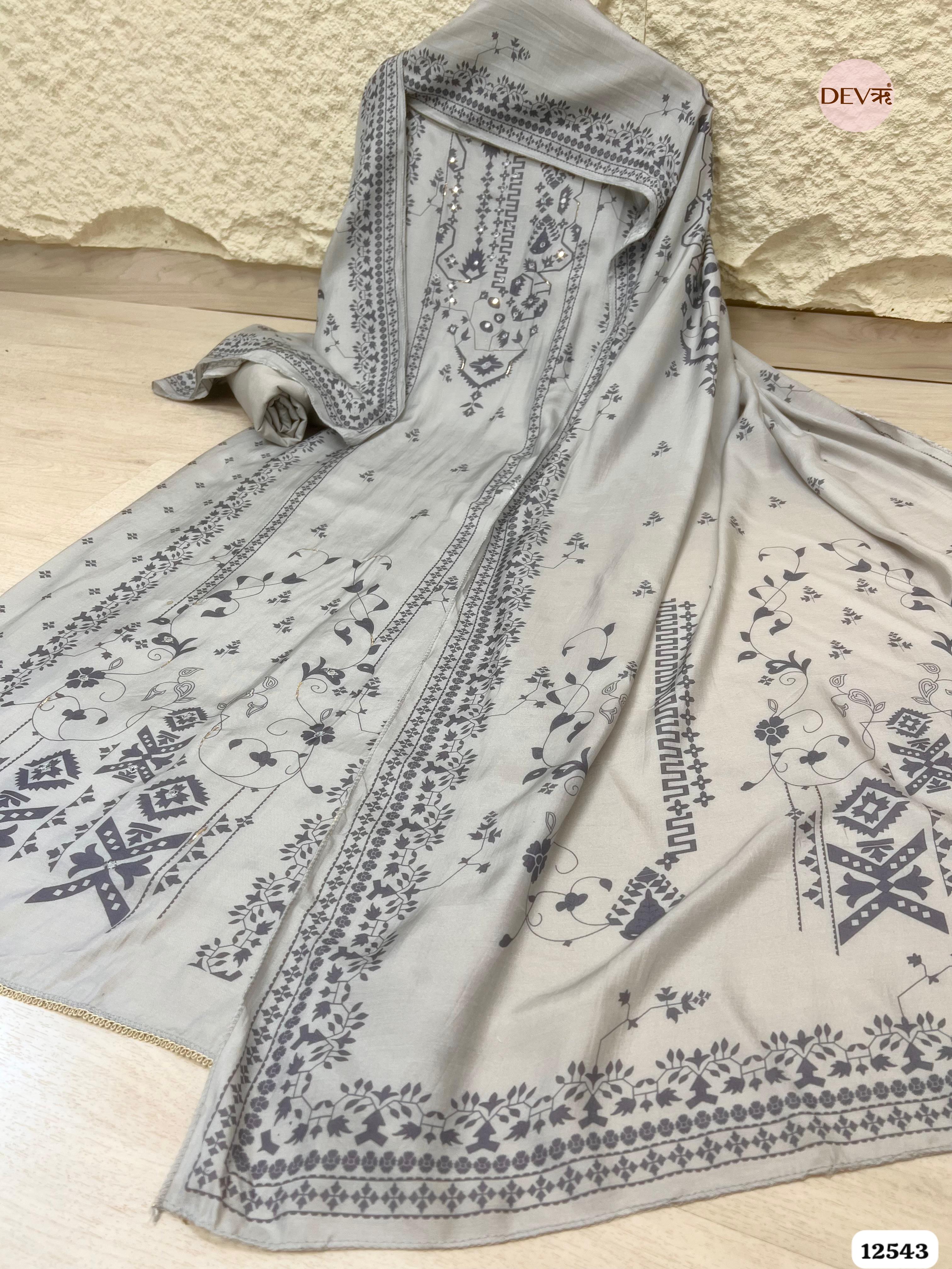 Grey Muslin Printed Unstitched 3-Piece Suit (Devri – D.No. 12543)