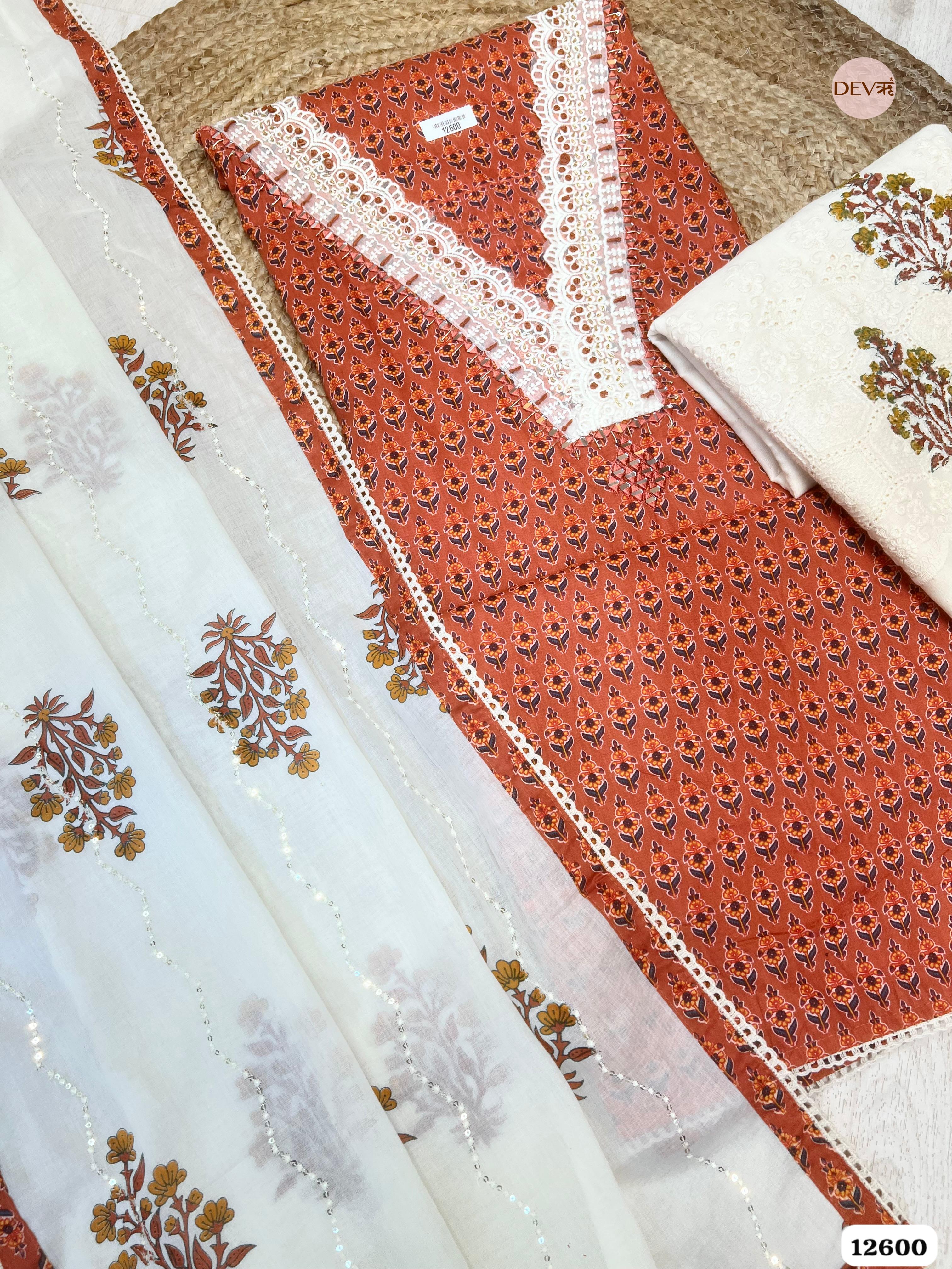 Rust Orange Cotton Printed Unstitched 3-Piece Suit (Devri – D.No 12600)