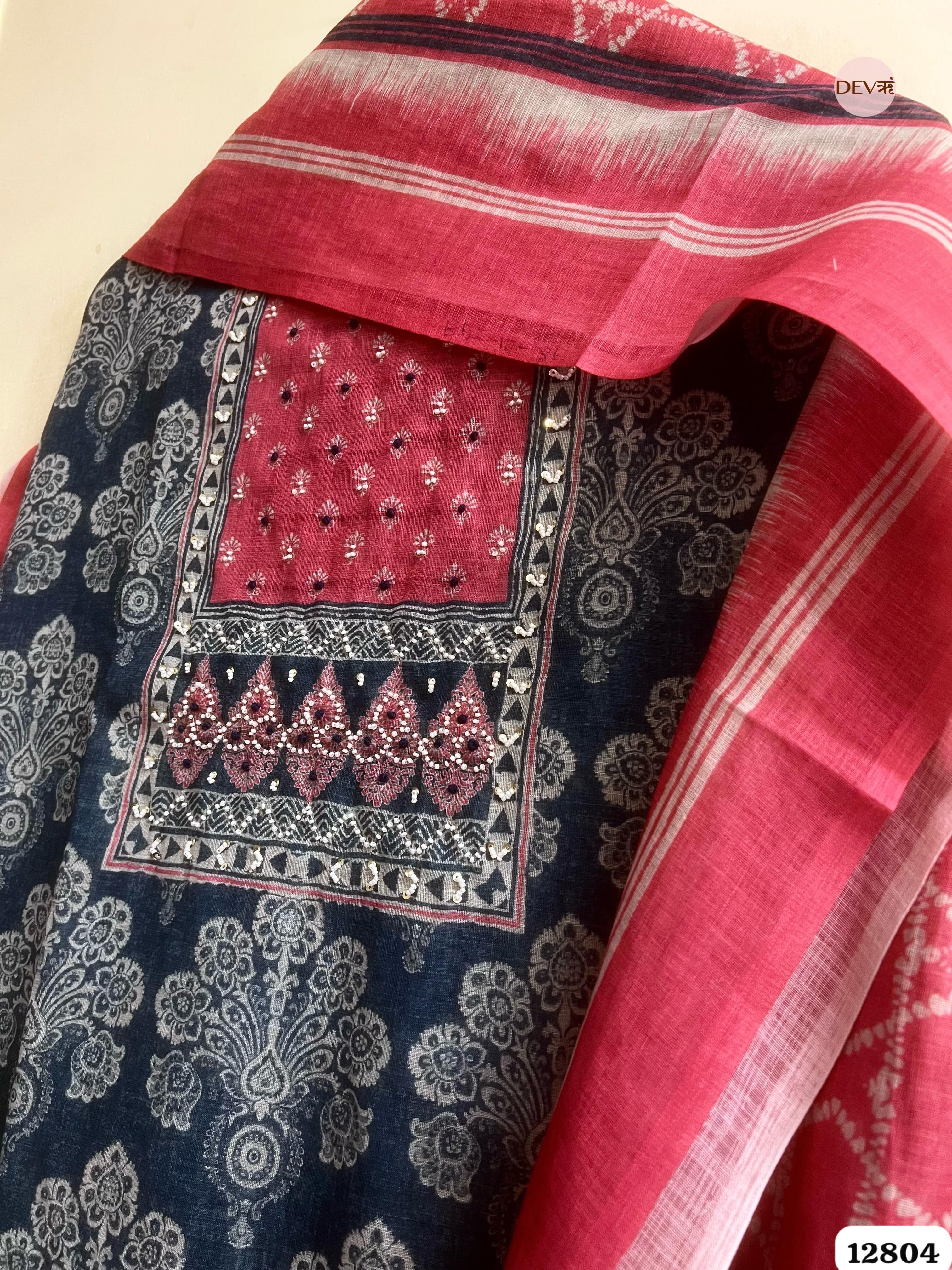 Navy Linen Cotton Printed Unstitched 3-Piece Suit (Devri – D.No 12804)