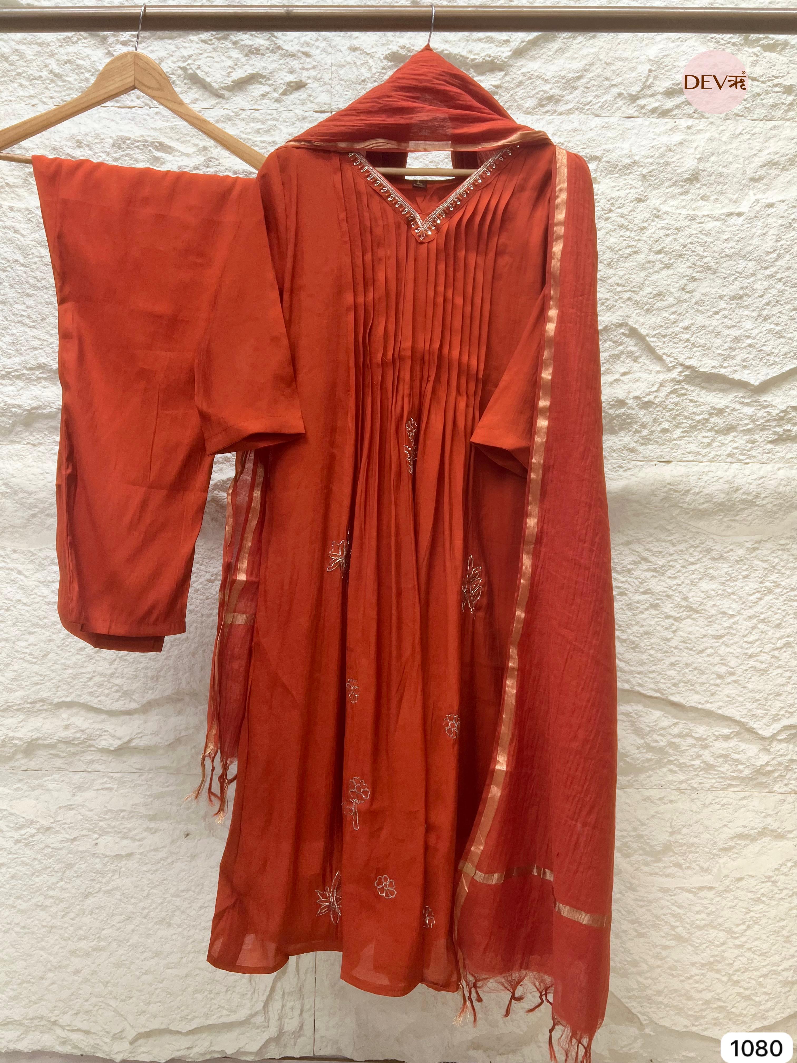 Sangria rust Mul Chanderi Embroidered 3-Piece Set - {1080}