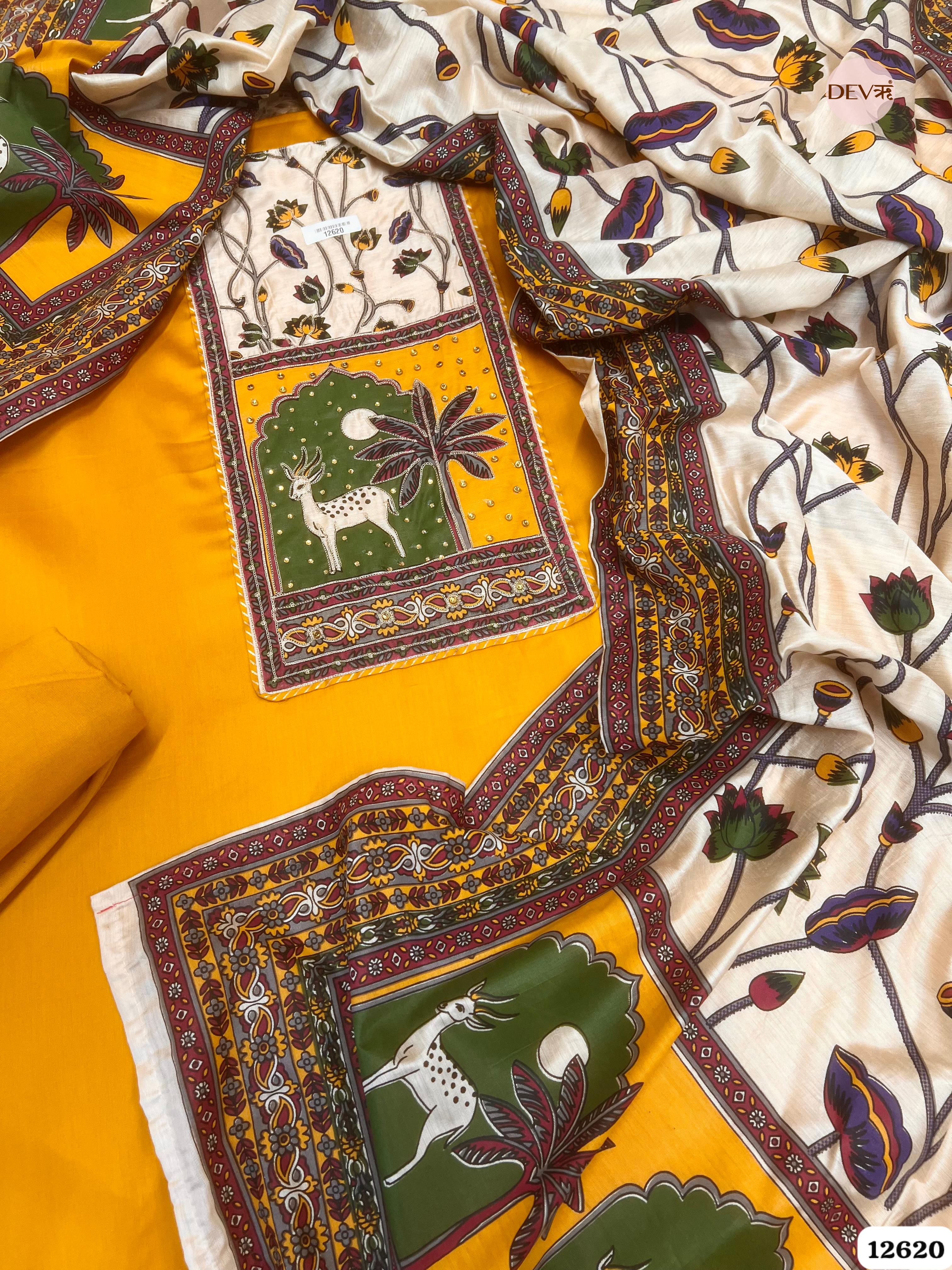 Mustard Cotton Printed Unstitched 3-Piece Suit (Devri – D.No 12620)
