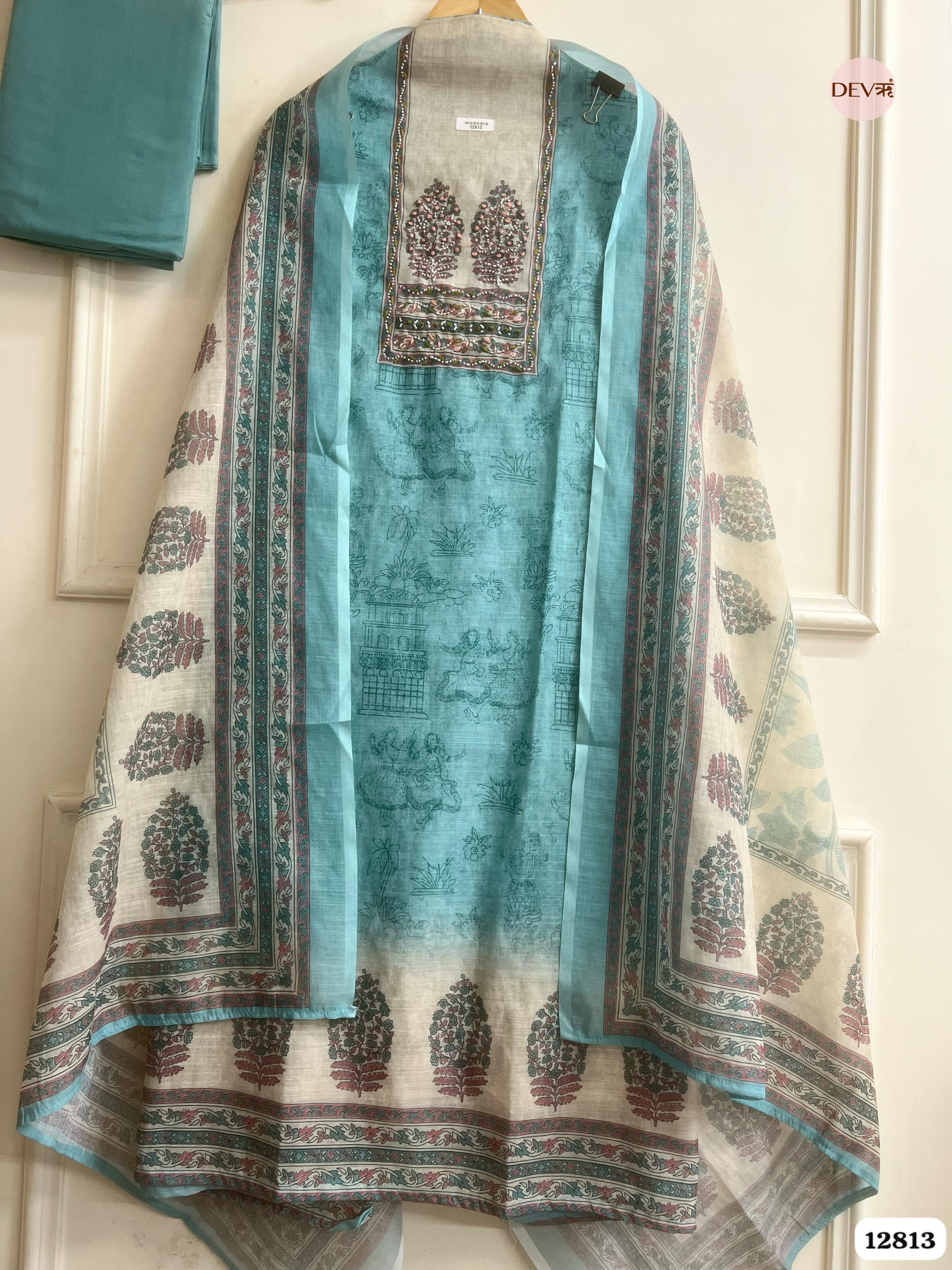 Aqua Linen Cotton Printed Unstitched 3-Piece Suit (Devri – D.No 12813)