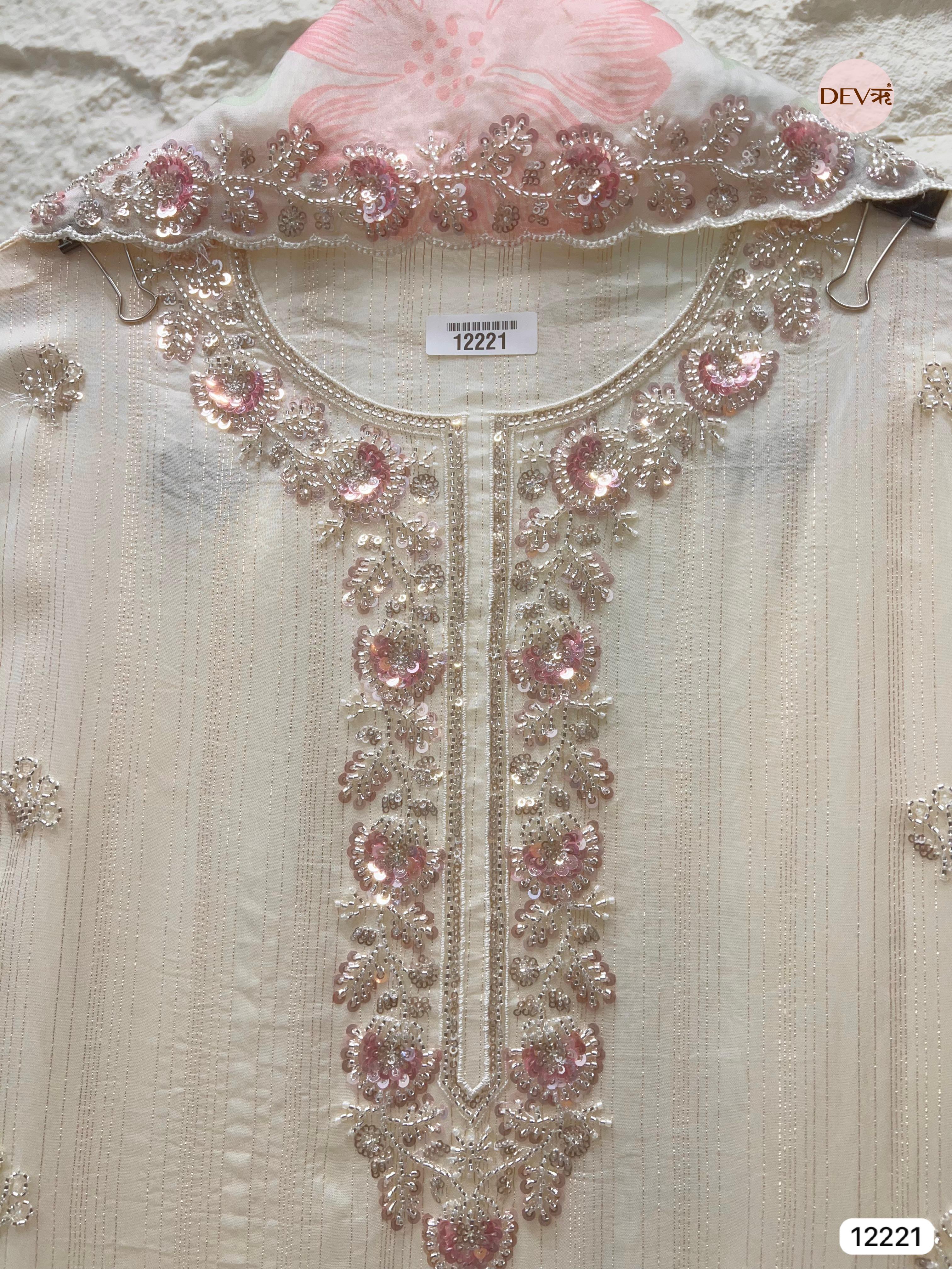 Ivory Pure Organza Hand-Embroidered Unstitched 3-Piece Suit (Devri – D.No 12221)