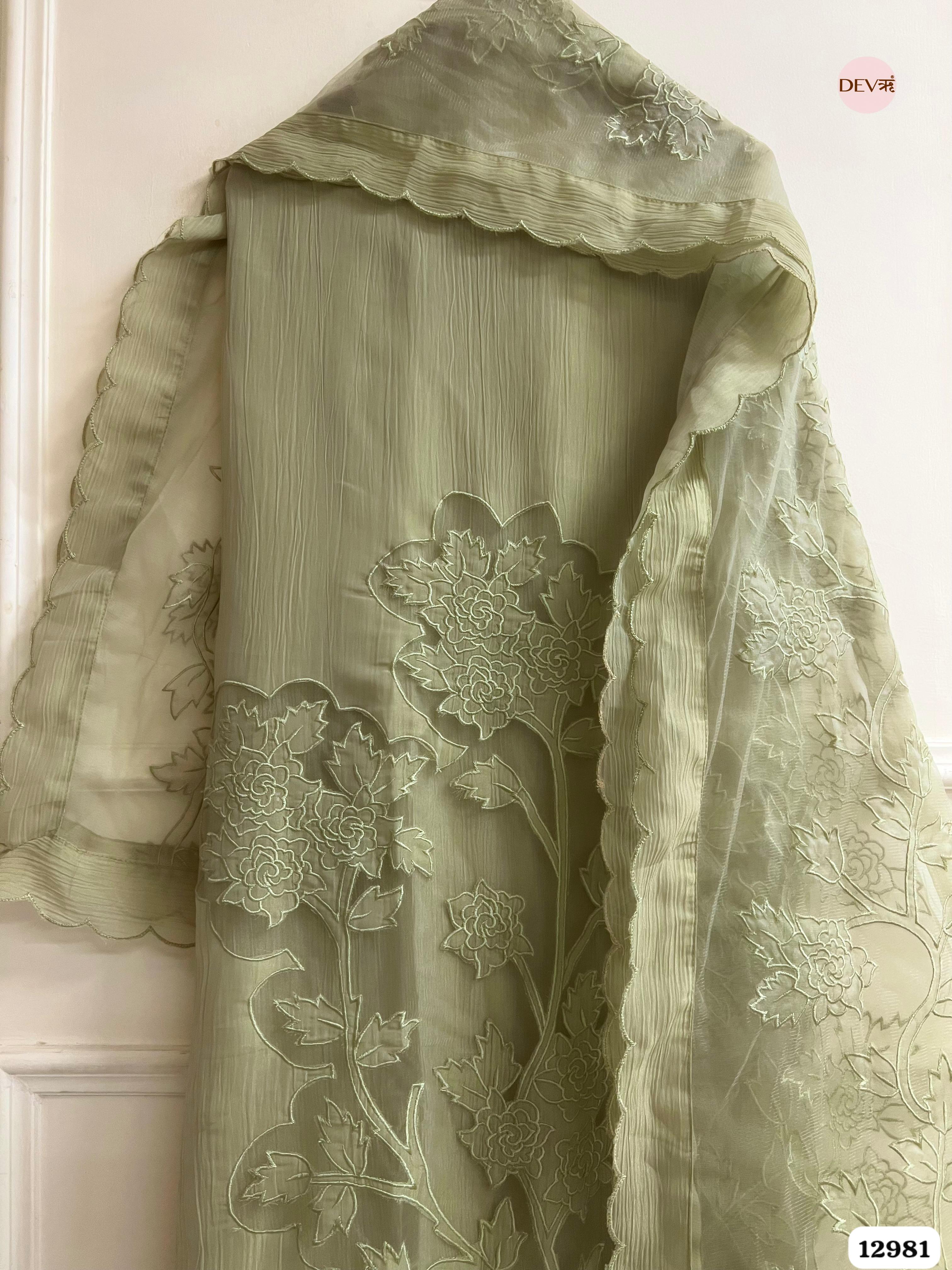 Green Tissue Crush Embroidered Unstitched 3-Piece Suit (Devri – D.No 12981)