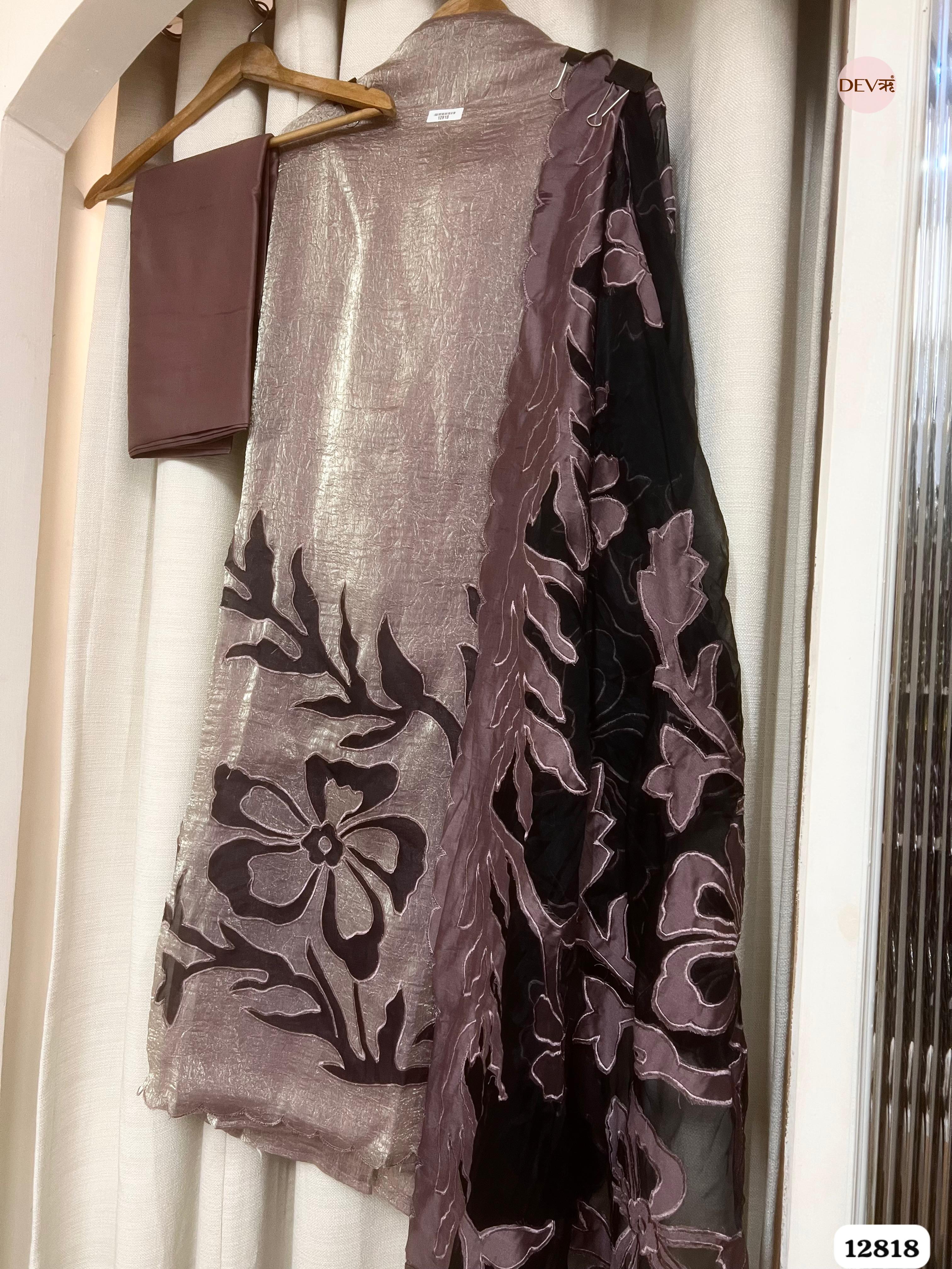 Brown Crush Tissue Silk Embroidered Unstitched 3-Piece Suit (Devri – D.No 12818)