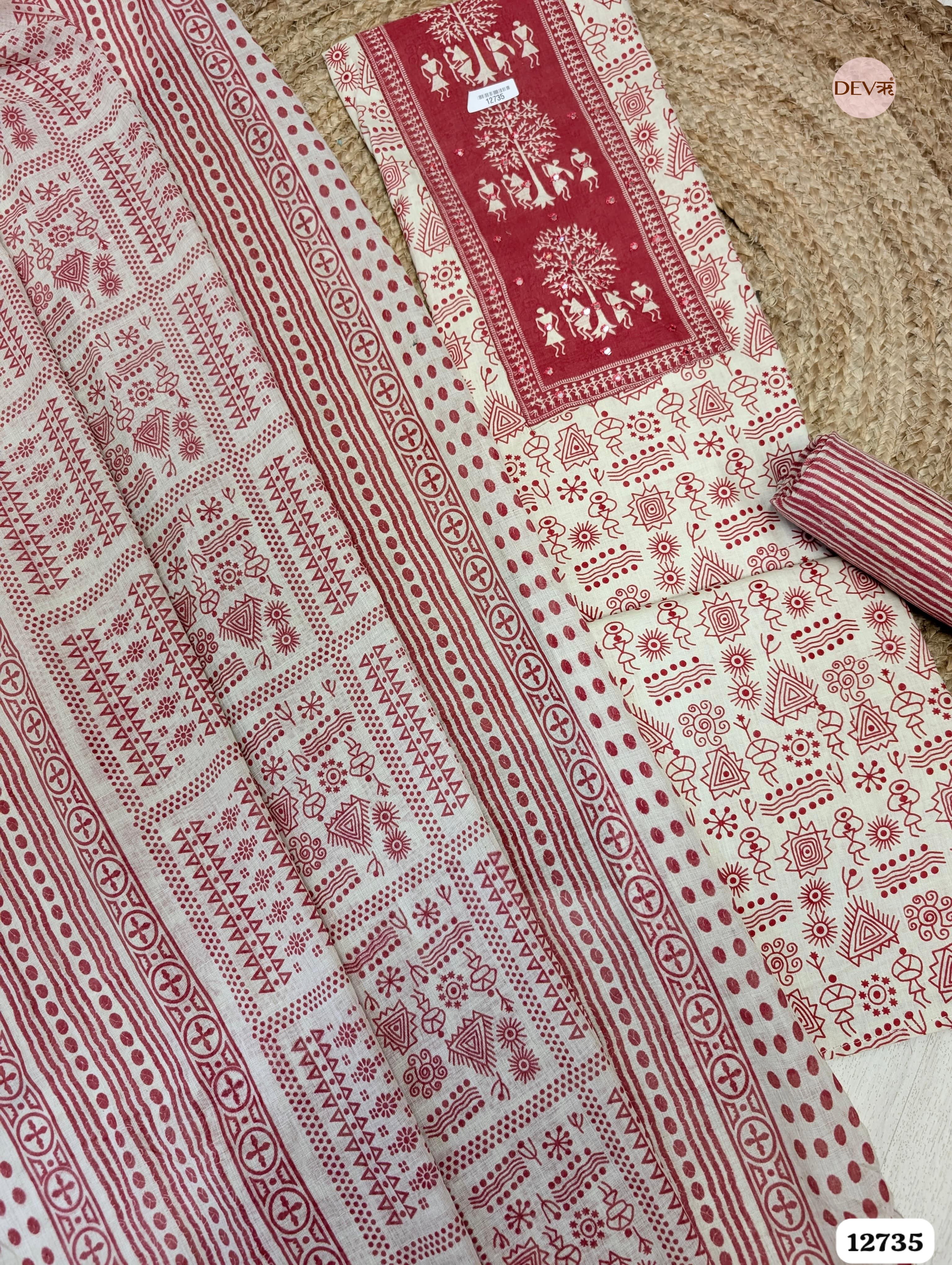 Maroon and Ivory Cotton Printed Unstitched 3-Piece Suit (Devri – D.No 12735)