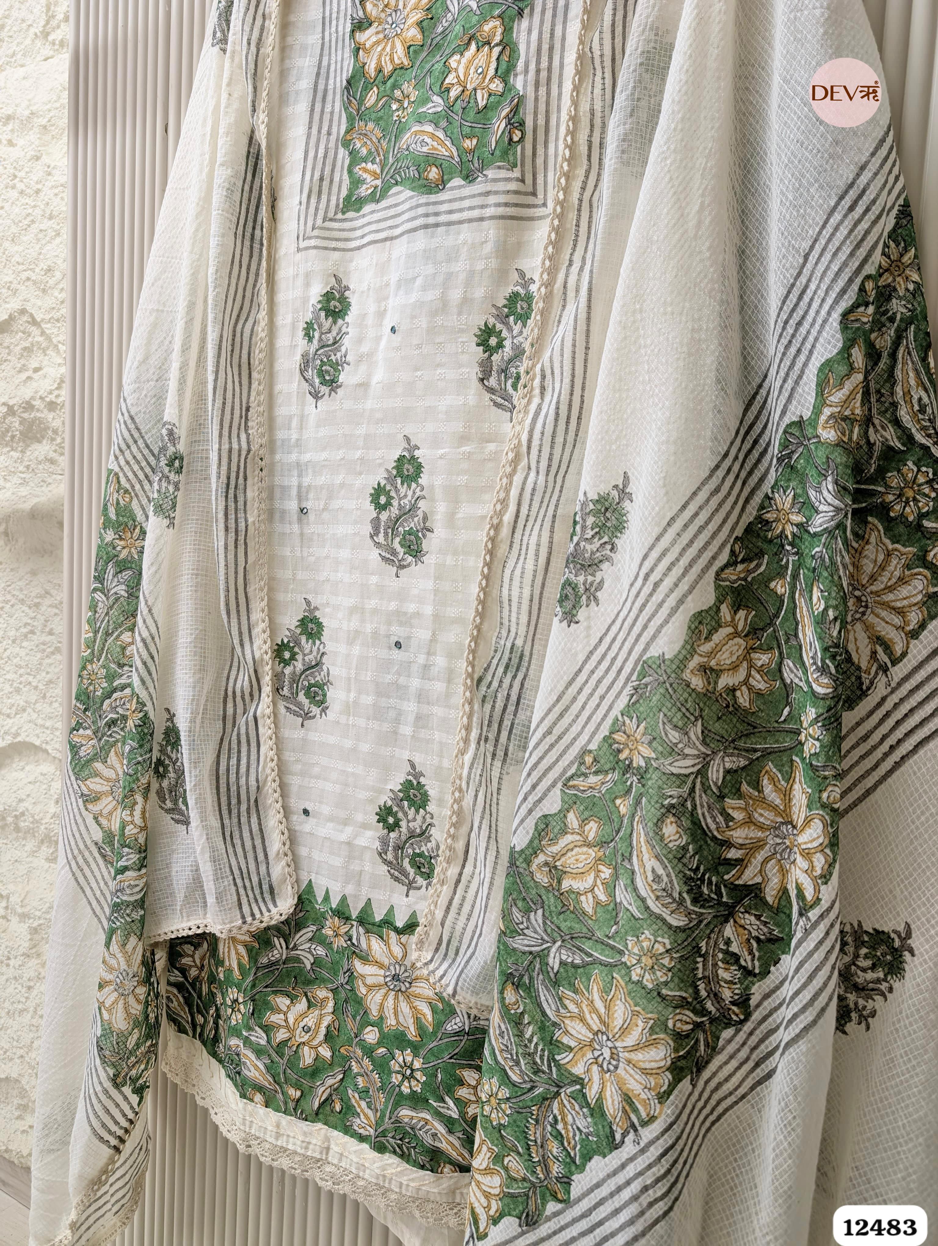 White & Green Pure Cotton Printed Unstitched 3-Piece Suit (Devri – D.No 12483)