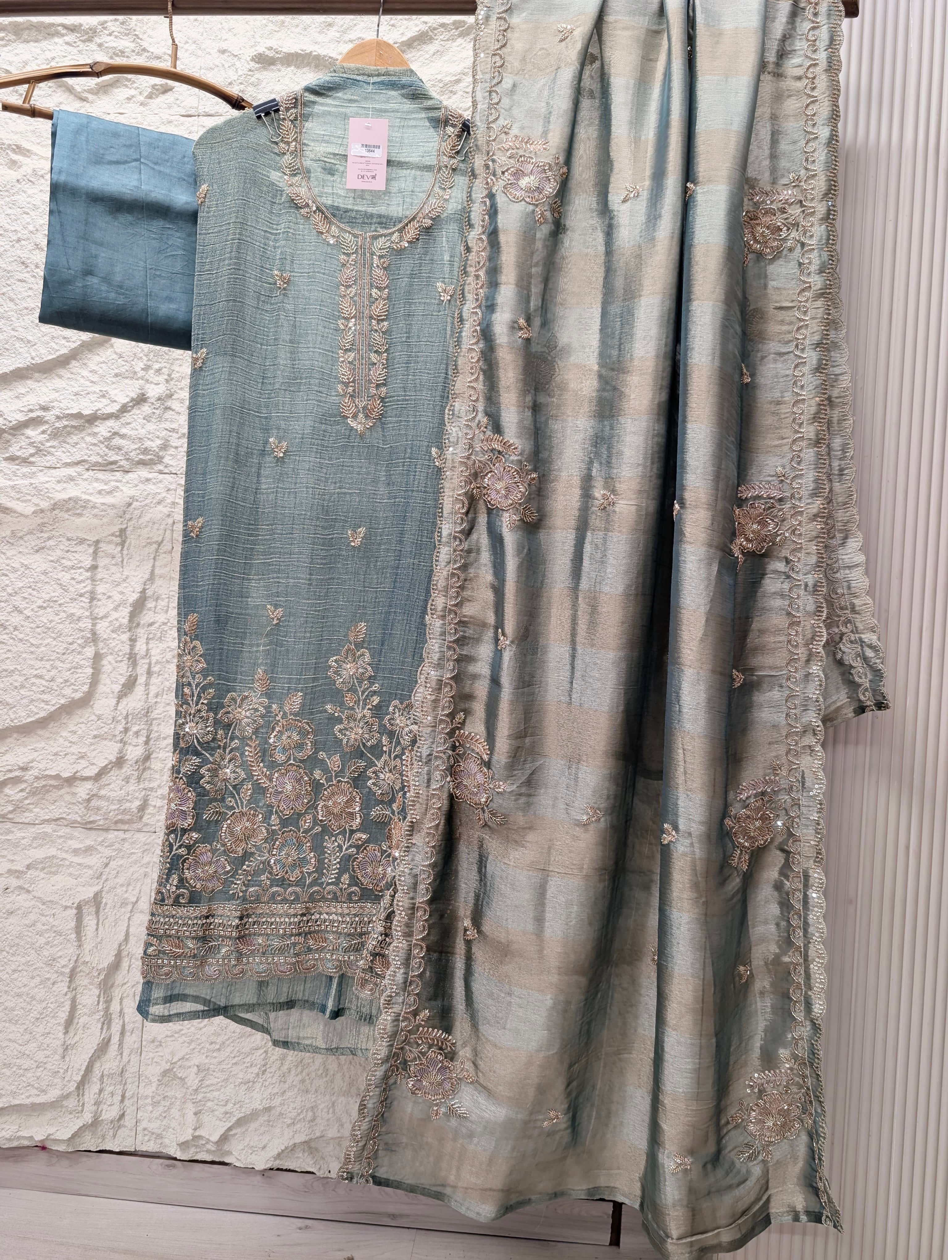 Teal Tissue Crush Silk Embroidered Unstitched 3-Piece Suit (Devri – D.No 13644)
