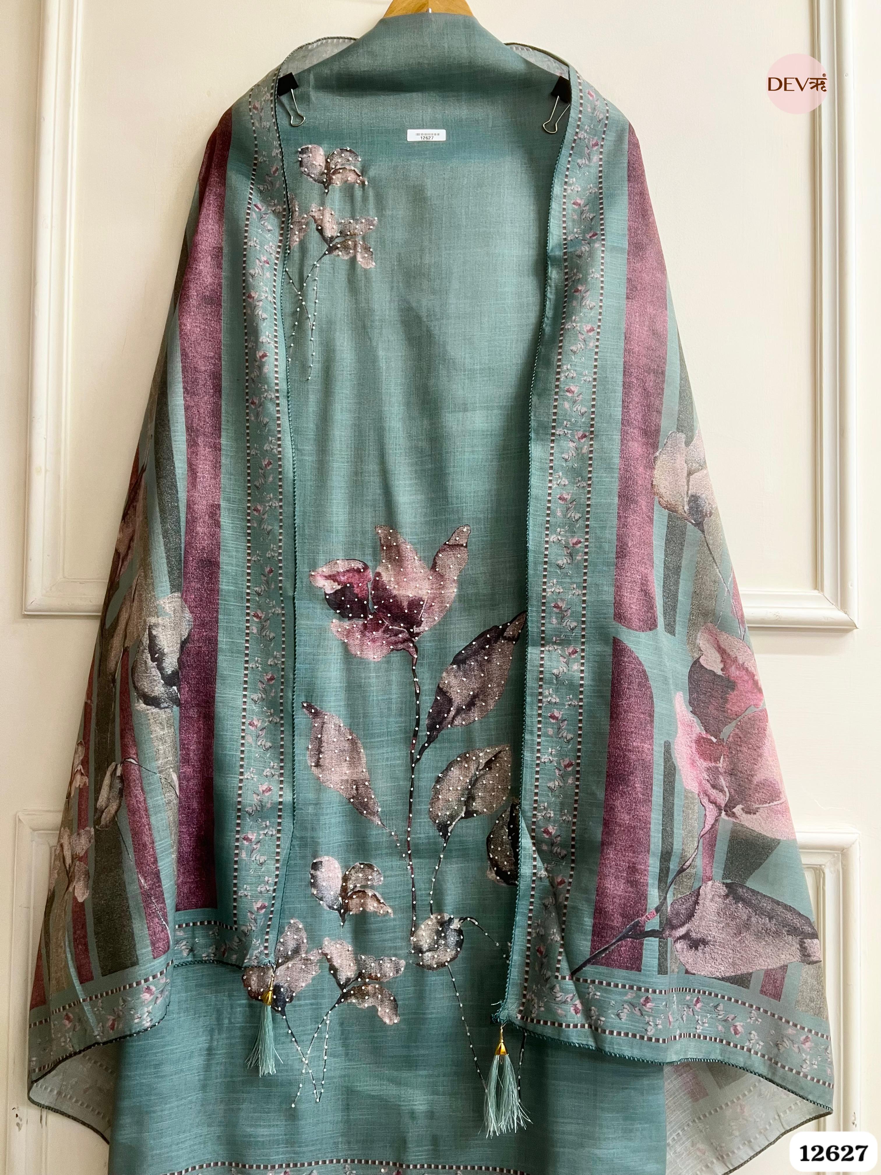 Teal Green Linen Printed Unstitched 3-Piece Suit (Devri – D.No 12627)