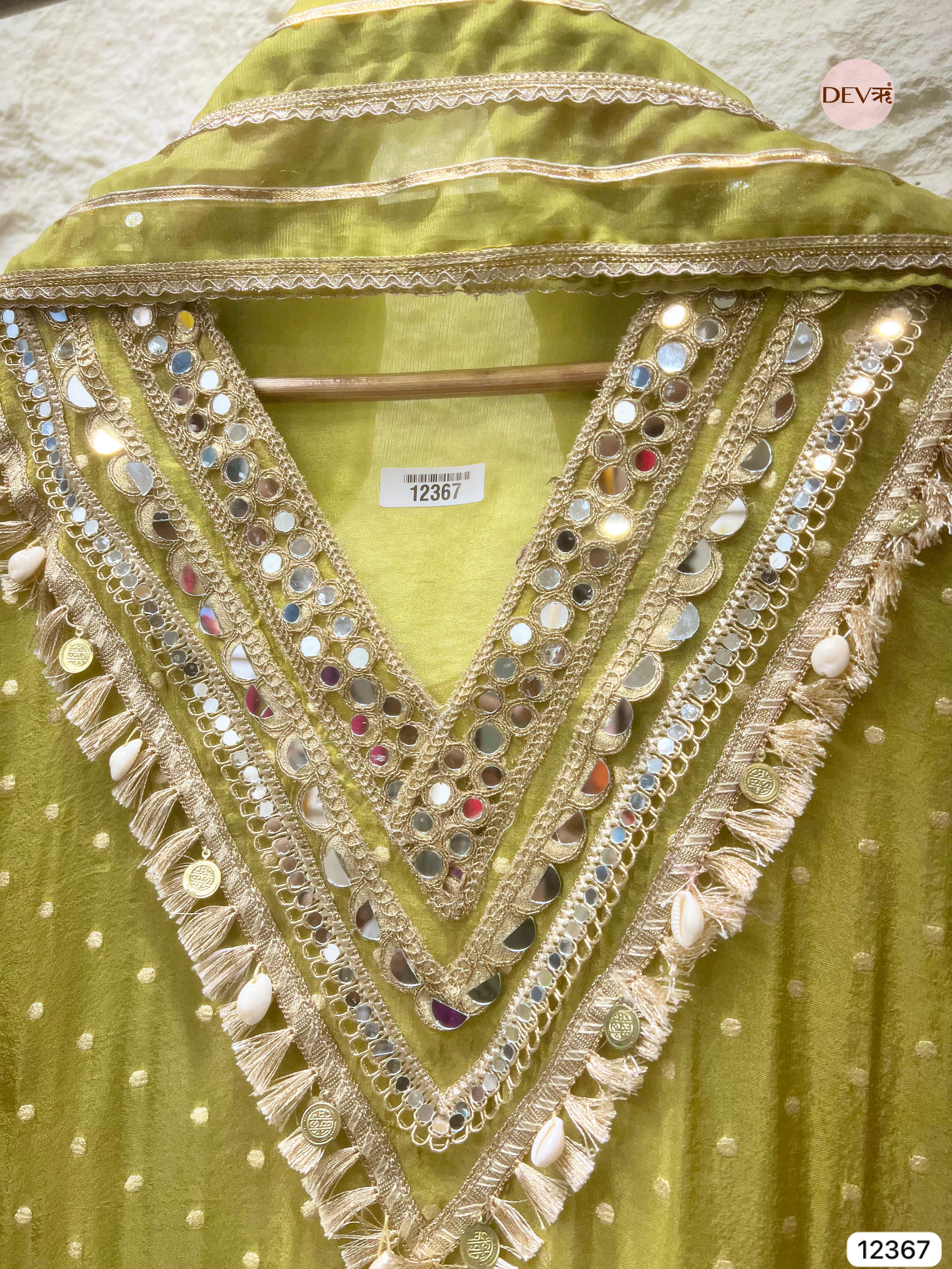 Olive Green Tissue Shimmer Embellished Unstitched 3-Piece Suit (Devri – D.No 12367)