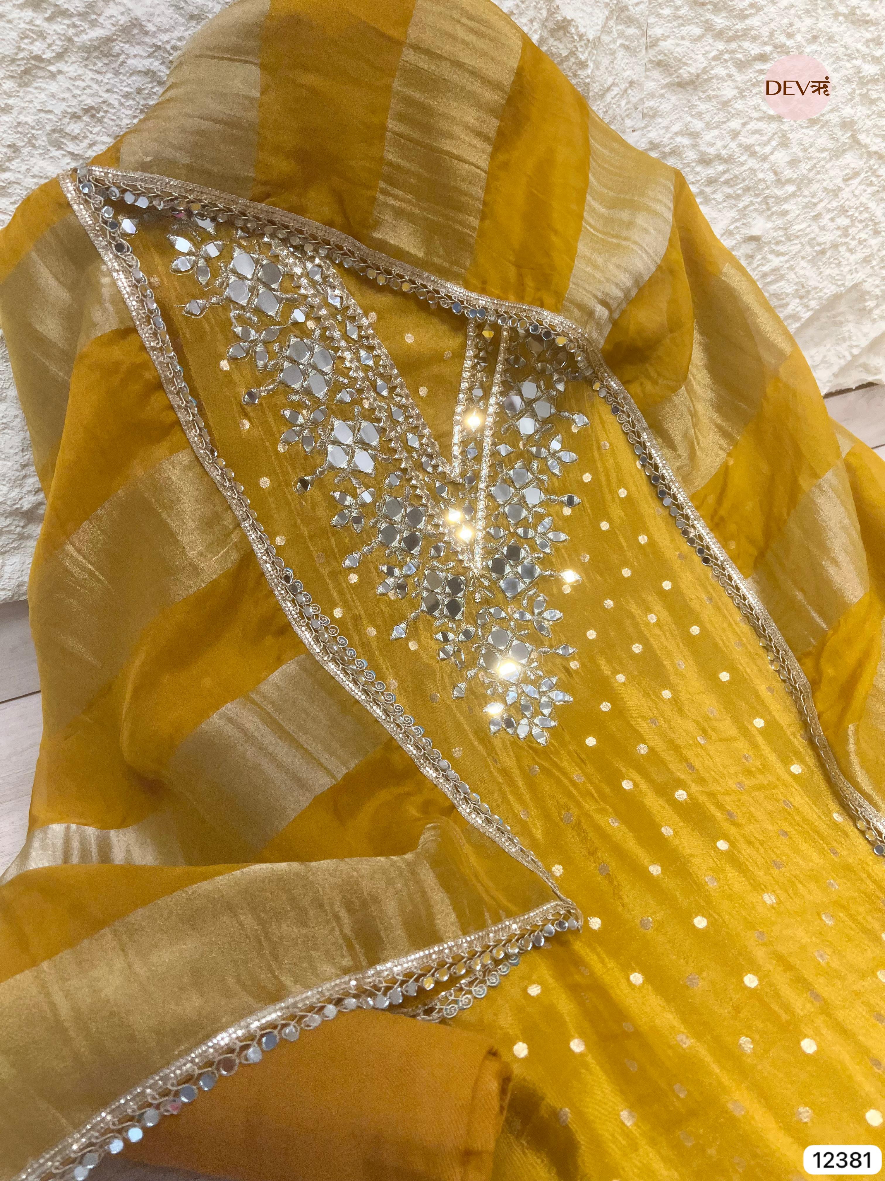 Mustard Yellow Tissue Silk Embroidered Unstitched 3-Piece Suit (Devri – D.No 12381)