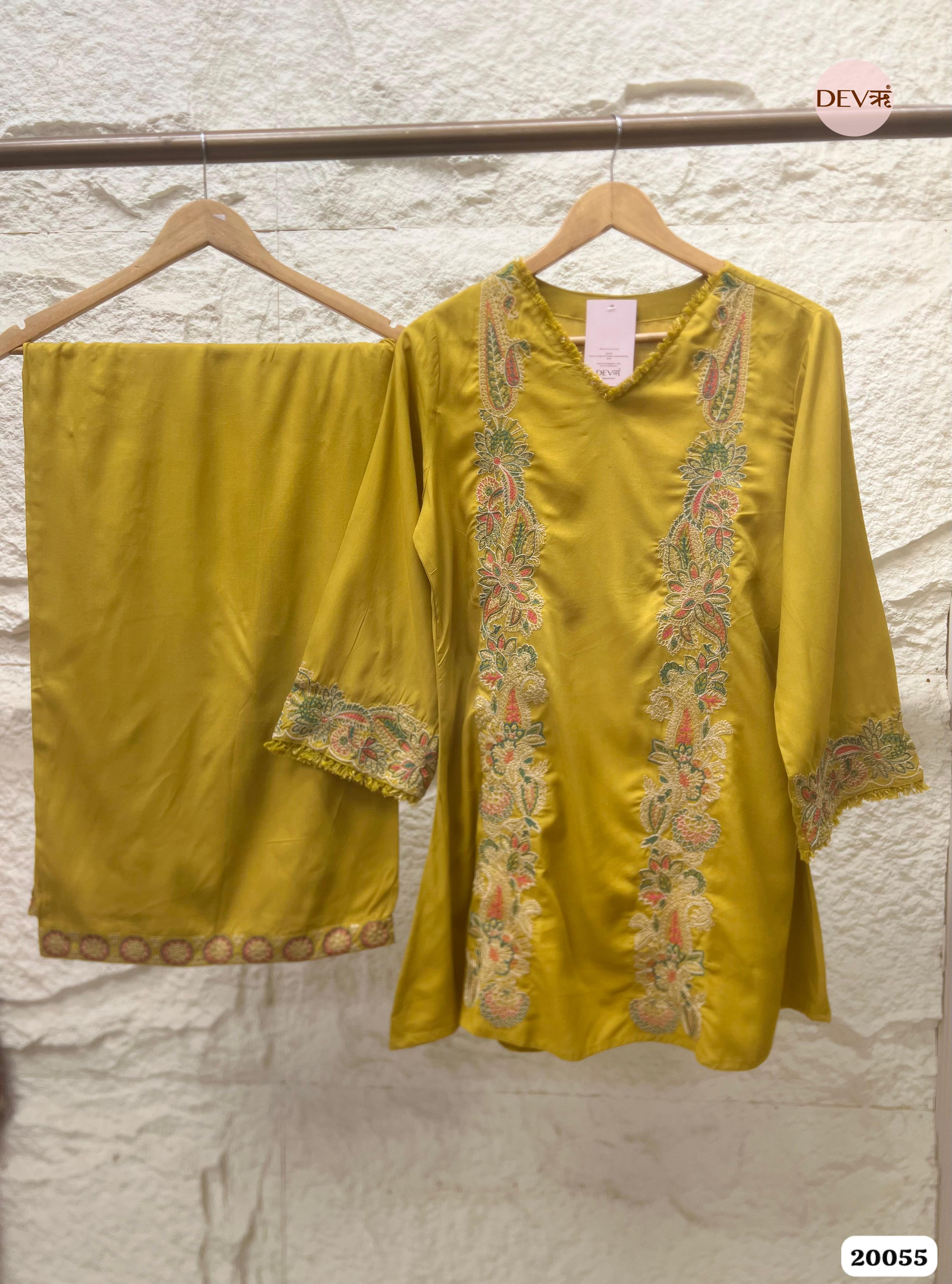 Aarohi German Rayon Embroidered Mustard 2-Piece Set (Devri – D.No 20055)