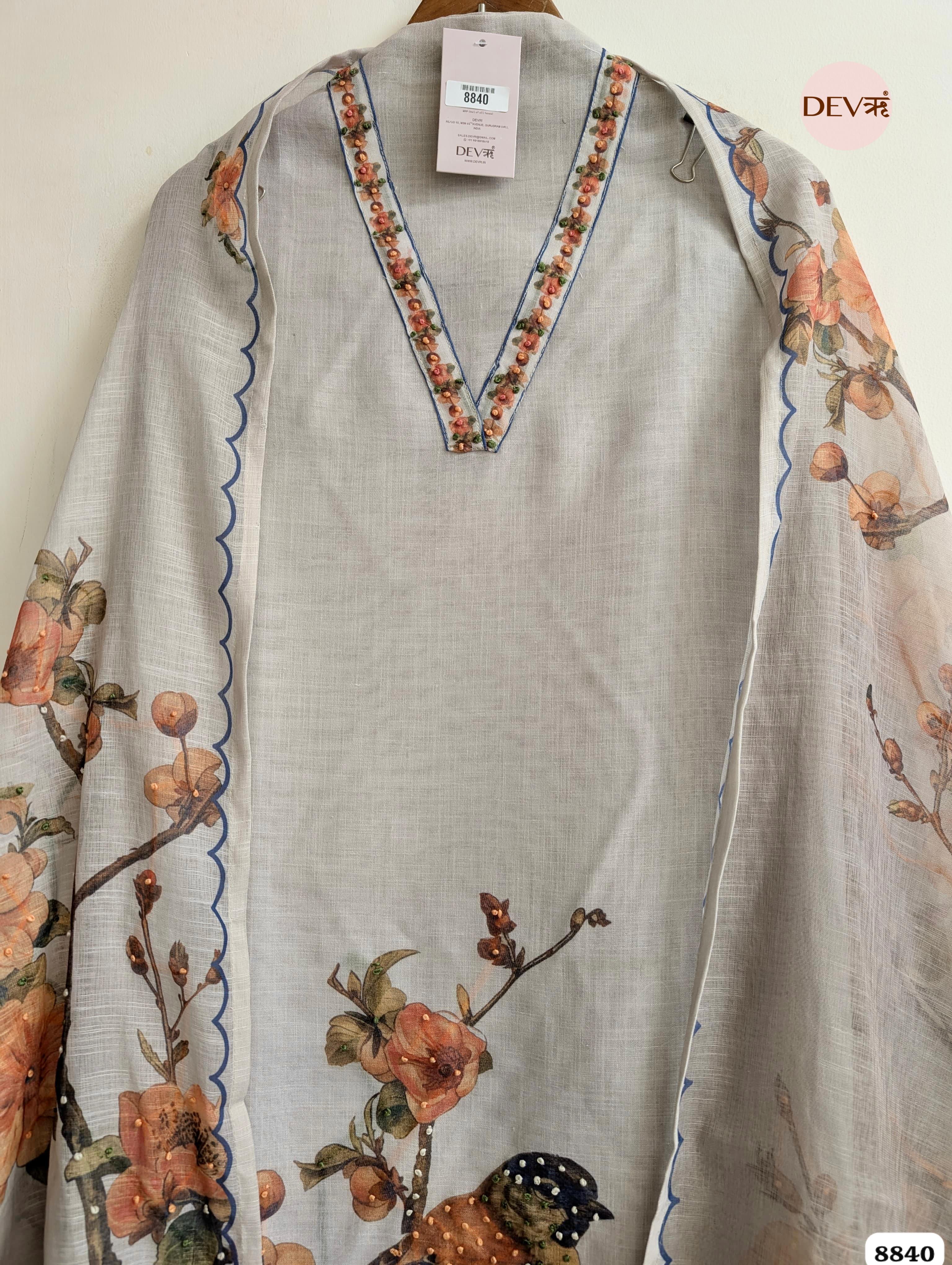 Grey Linen Printed Unstitched 3-Piece Suit (Devri – D.No. 8840)