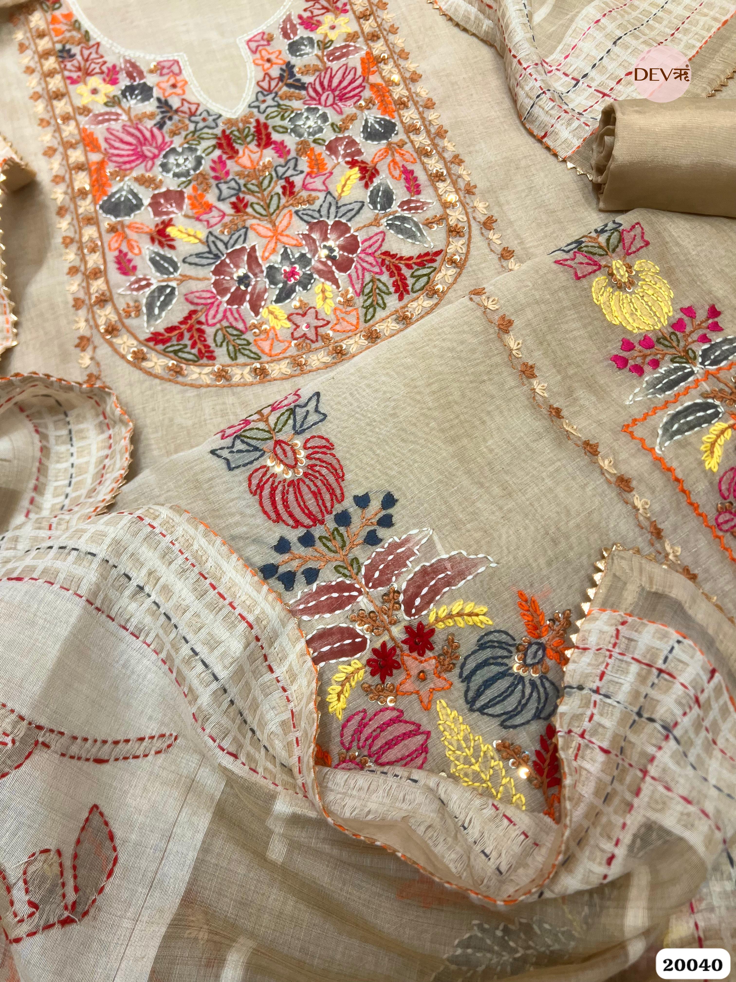 Beige Mul Chanderi Embroidered Unstitched 3-Piece Suit (Devri – D.No. 20040)