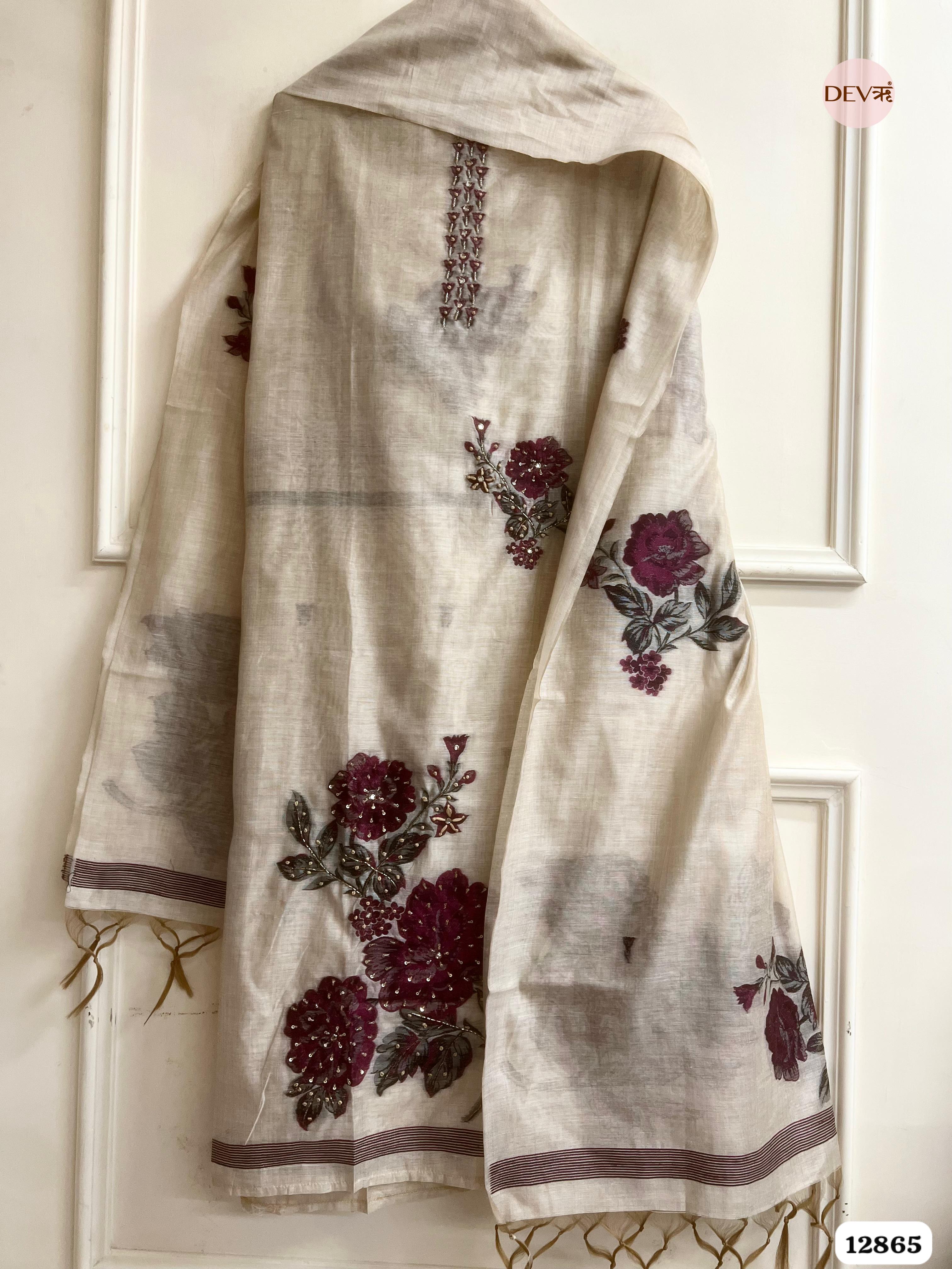 Ivory Mul Chanderi Embroidered Unstitched 3-Piece Suit (Devri – D.No 12865)