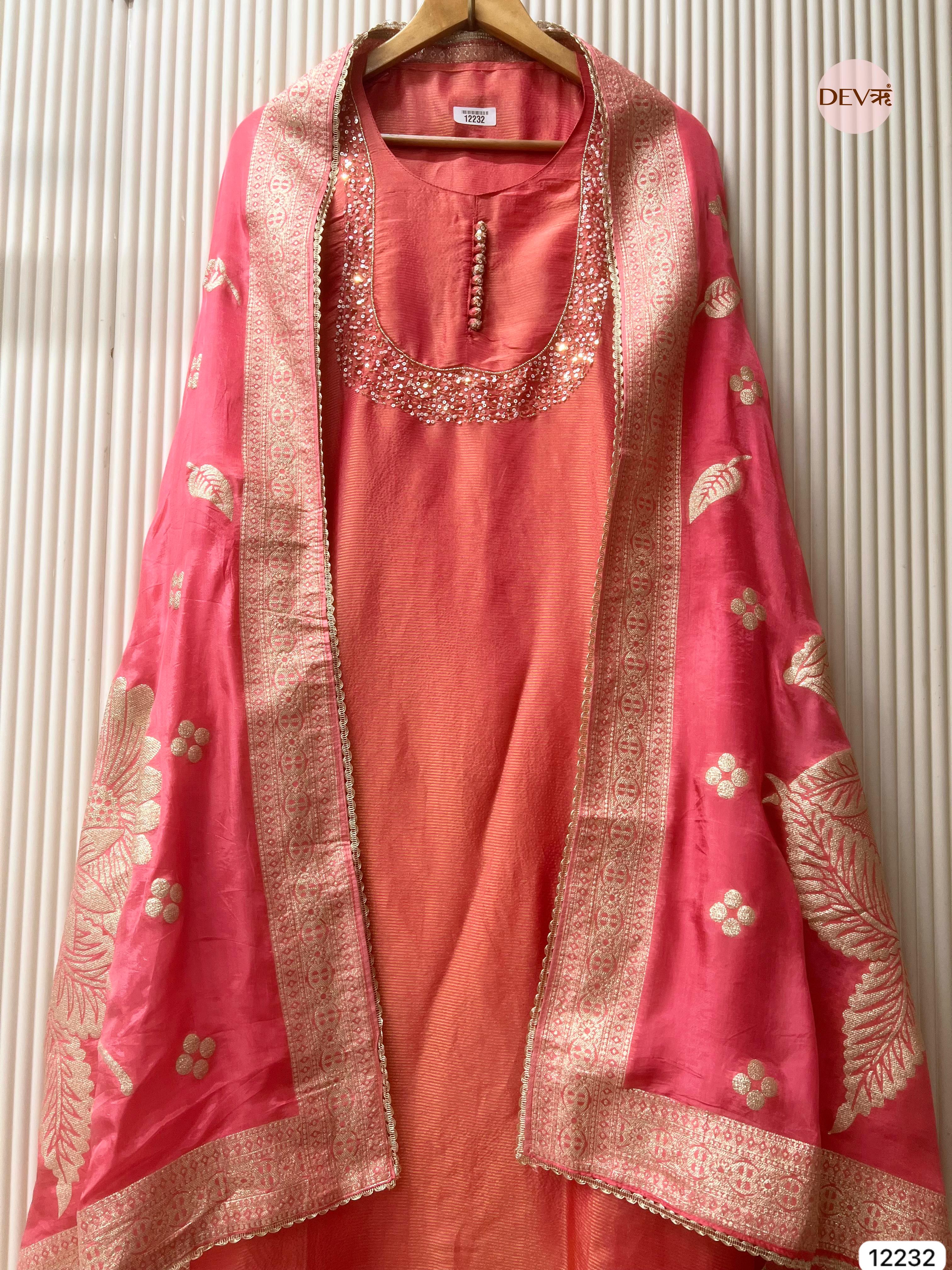 Peach–Pink Tissue Shimmer Silk Embroidered Unstitched 3-Piece Suit (Devri – D.No 12232)
