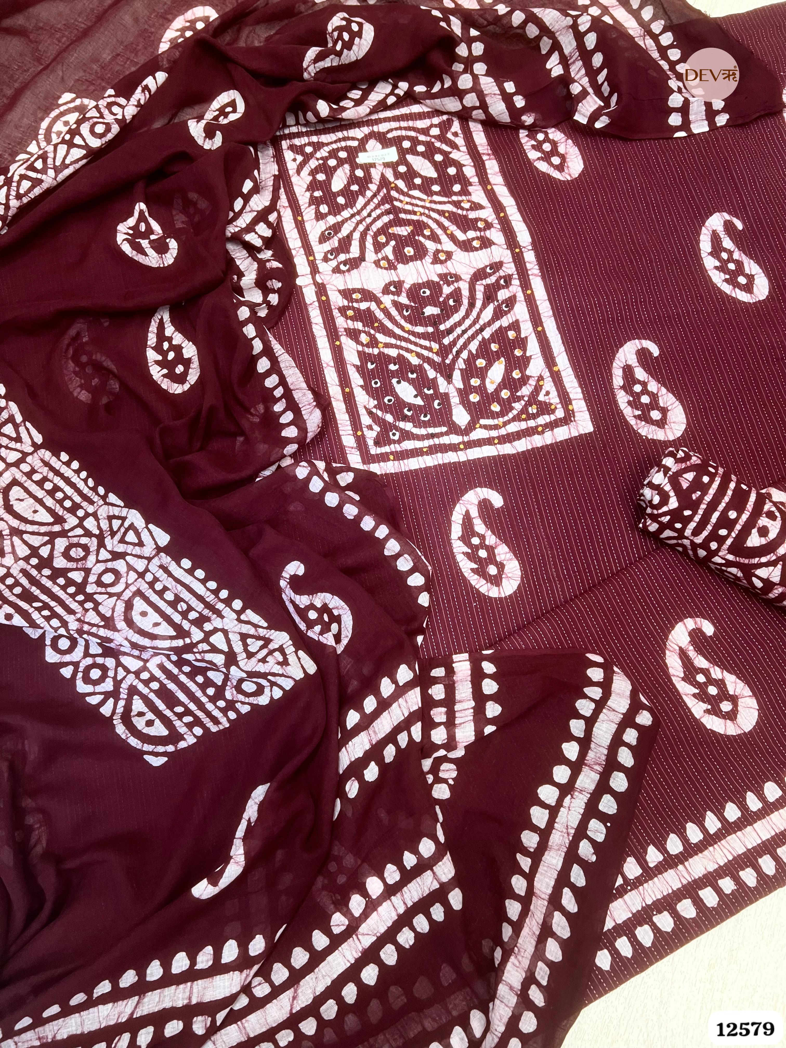 Wine Cotton Batik Printed Unstitched 3-Piece Suit (Devri – D.No 12579)