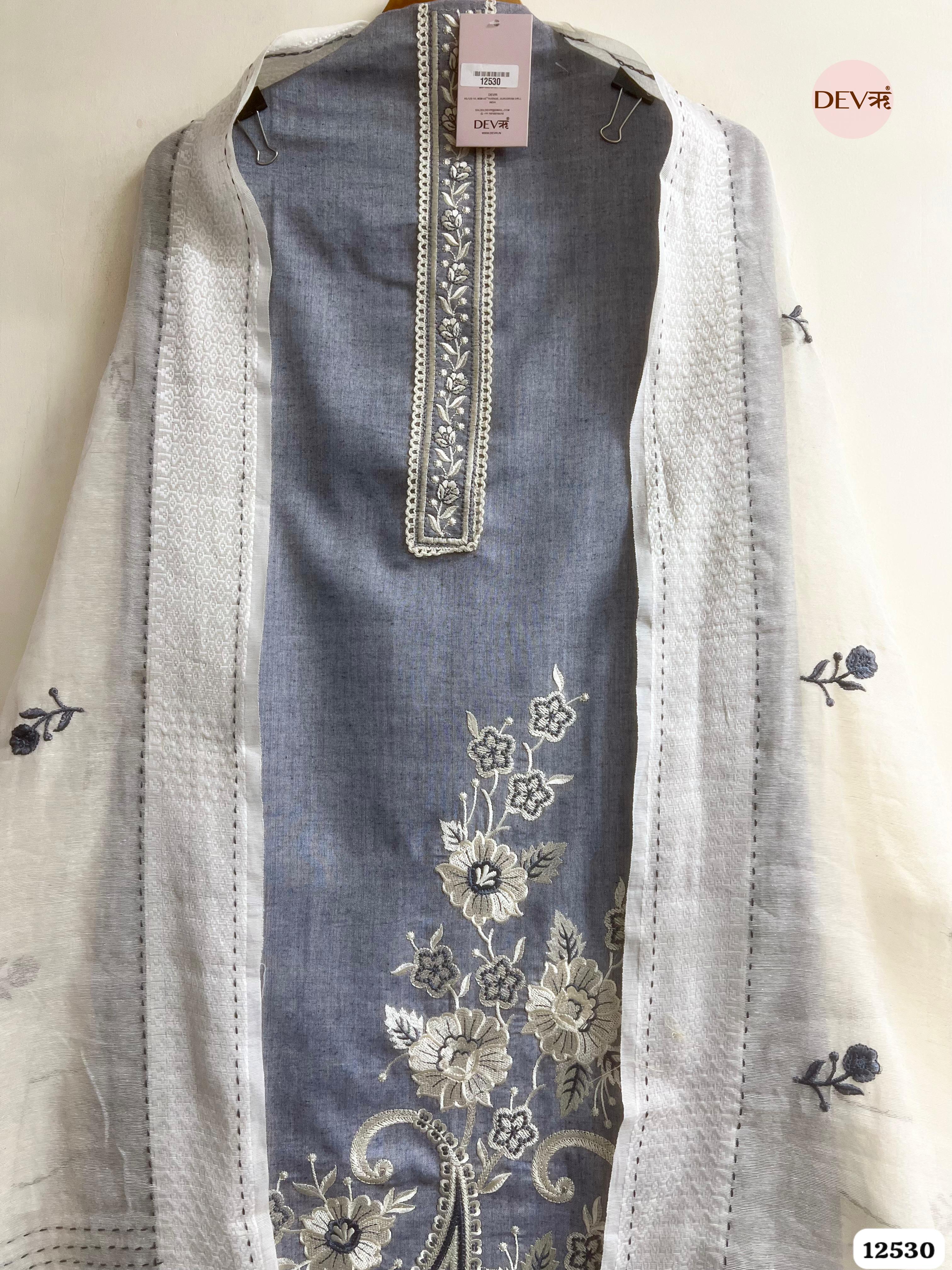 Grey Handloom Cotton Embroidered Unstitched 3-Piece Suit (Devri – D.No 12530)