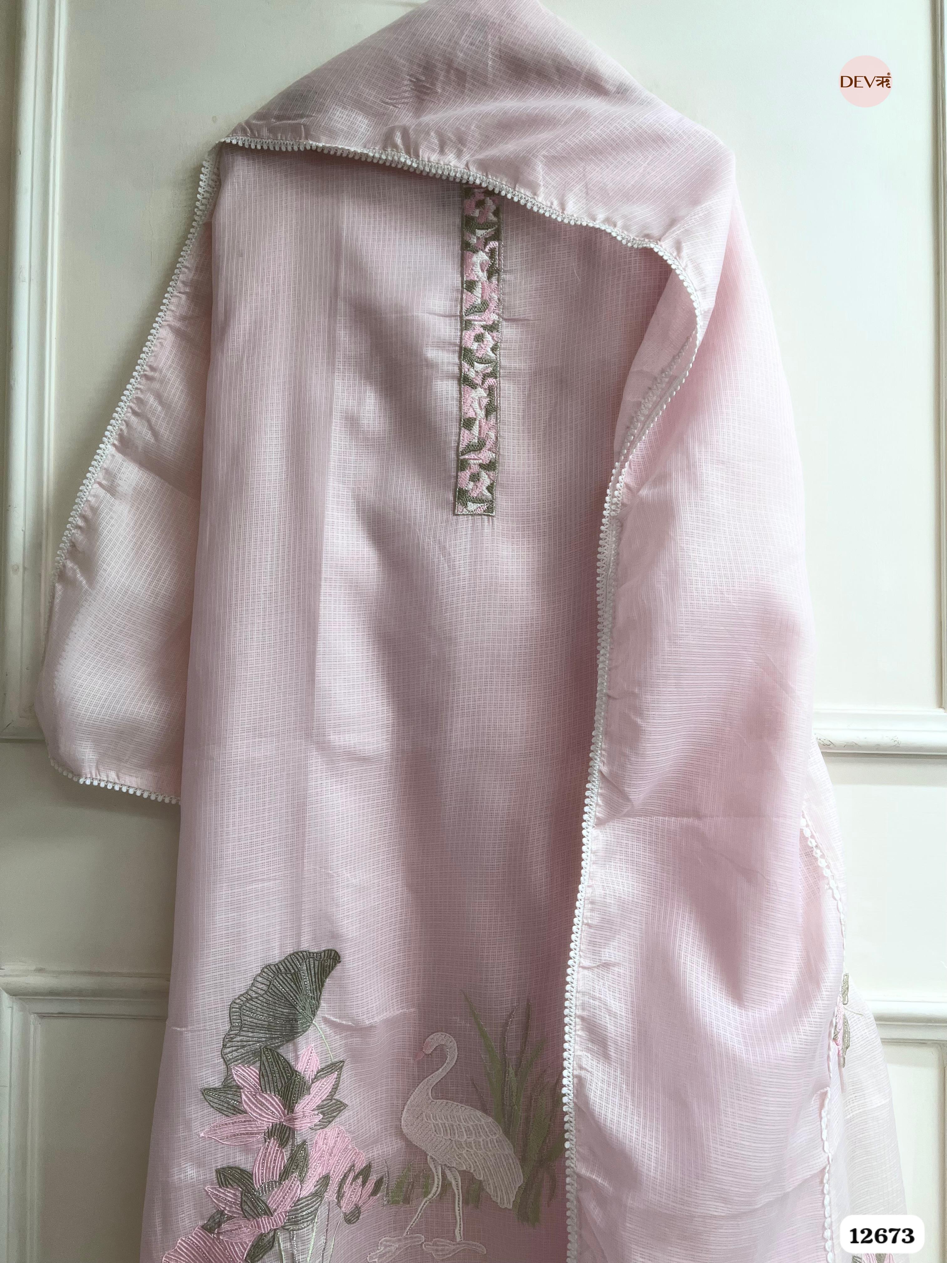 Baby Pink Kota Embroidered Unstitched 3-Piece Suit (Devri – D.No 12673)