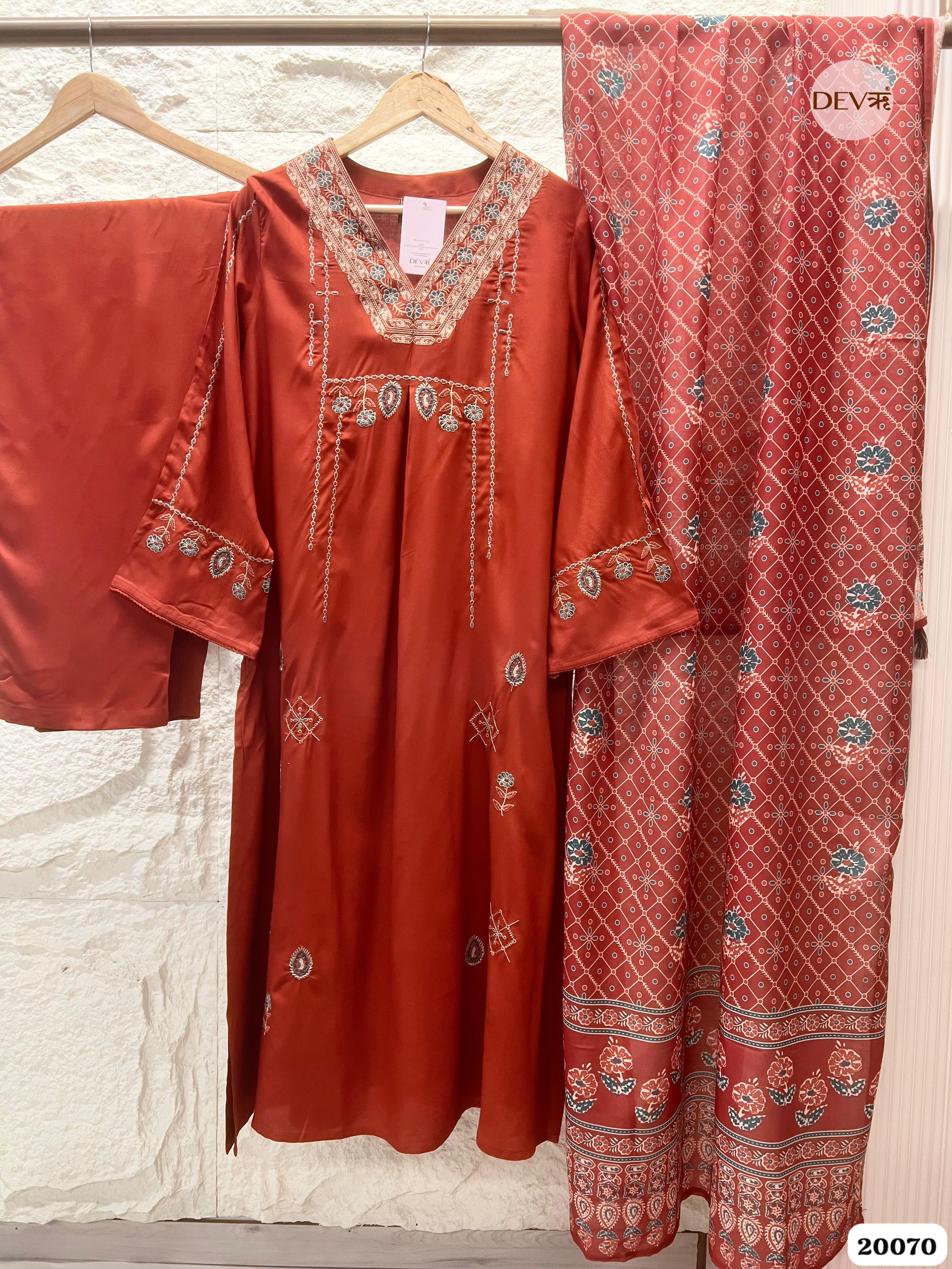 Amara German Reyon Embroidered Rust Red 3-Piece Set (Devri – D.No 20070)