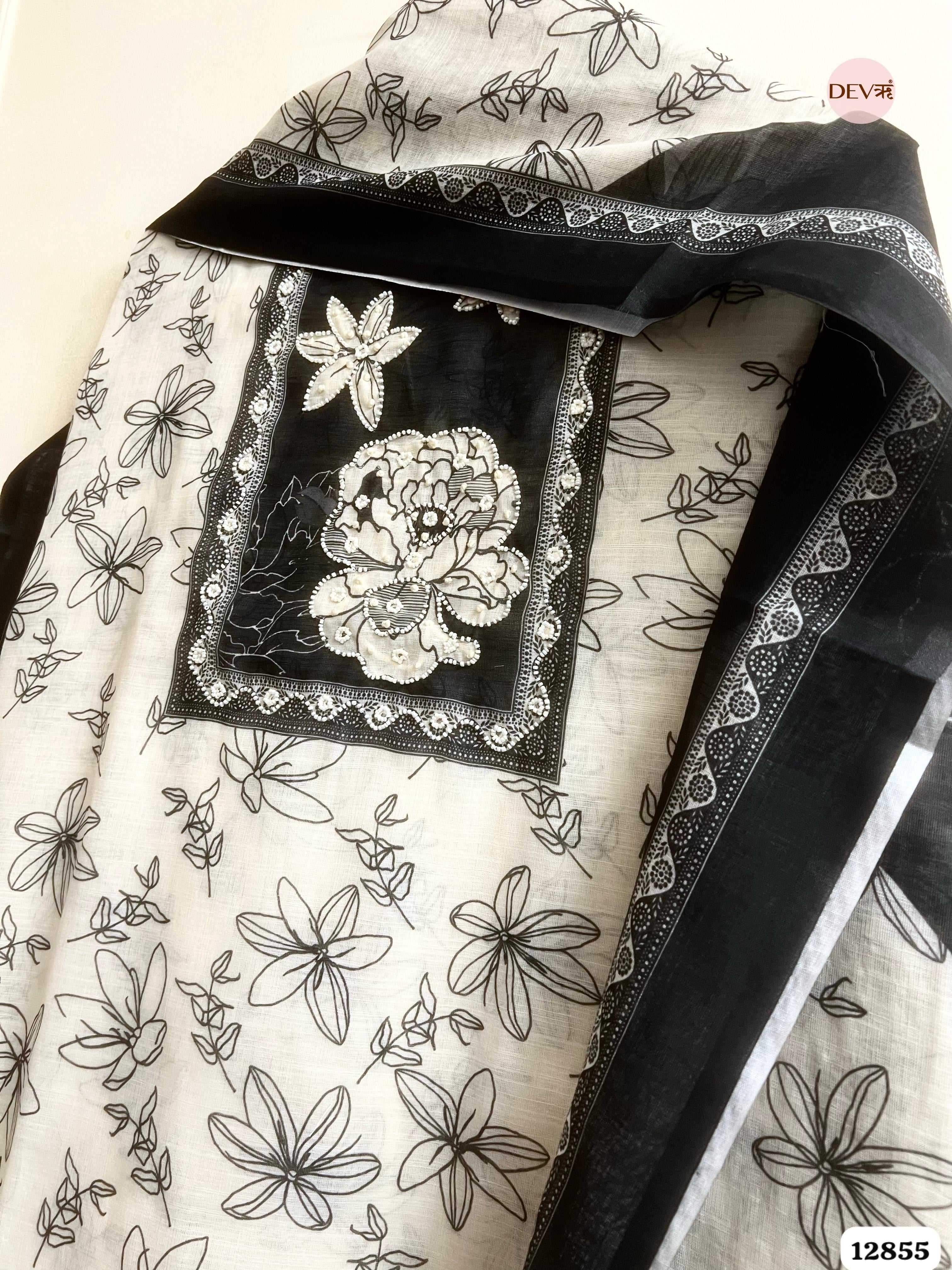 White Linen Cotton Printed Unstitched 3-Piece Suit (Devri – D.No 12855)