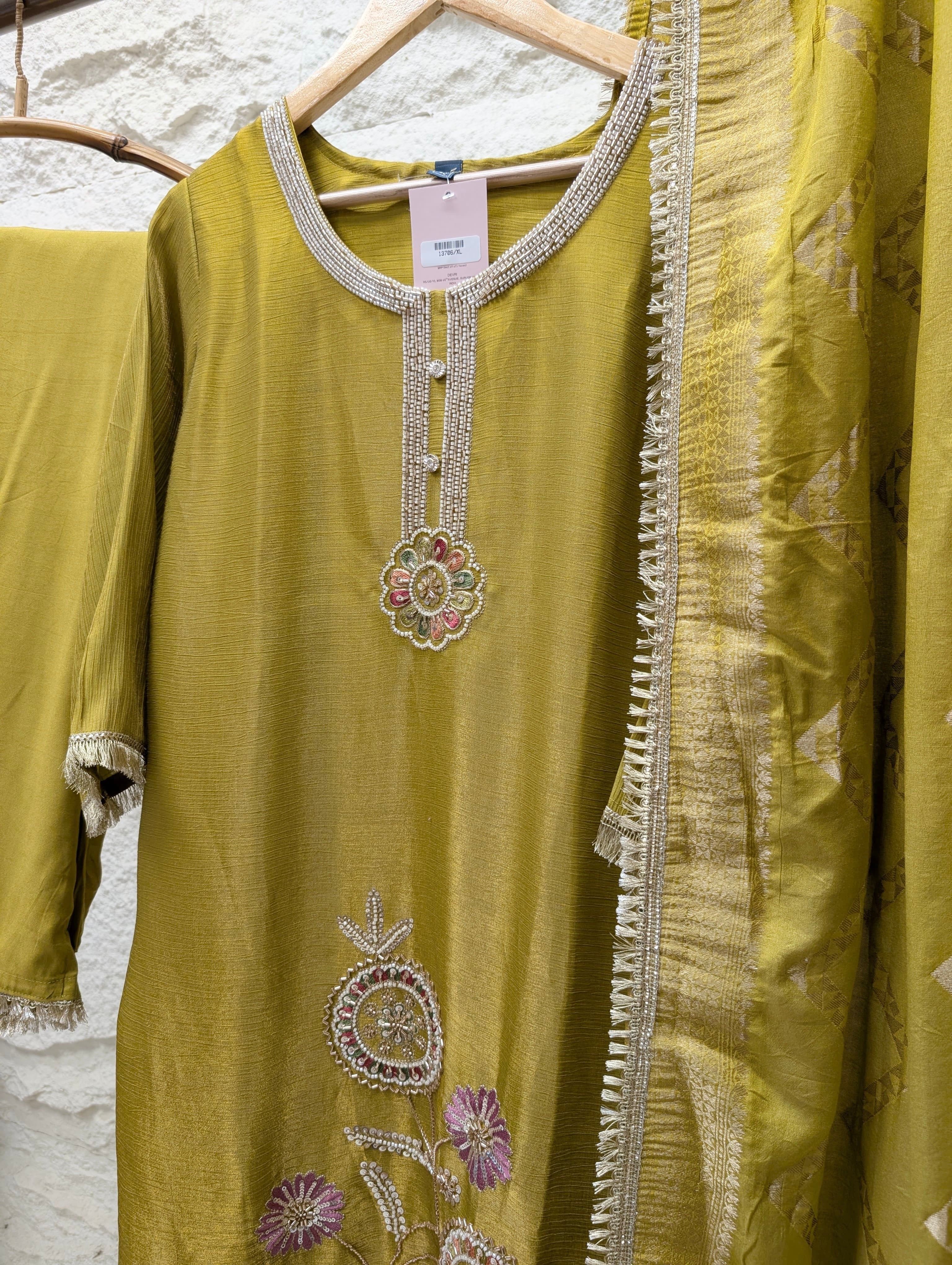 Gulnaar Tissue silk blend Embroidered Olive Green 3-Piece Set (Devri – D.No 13706)