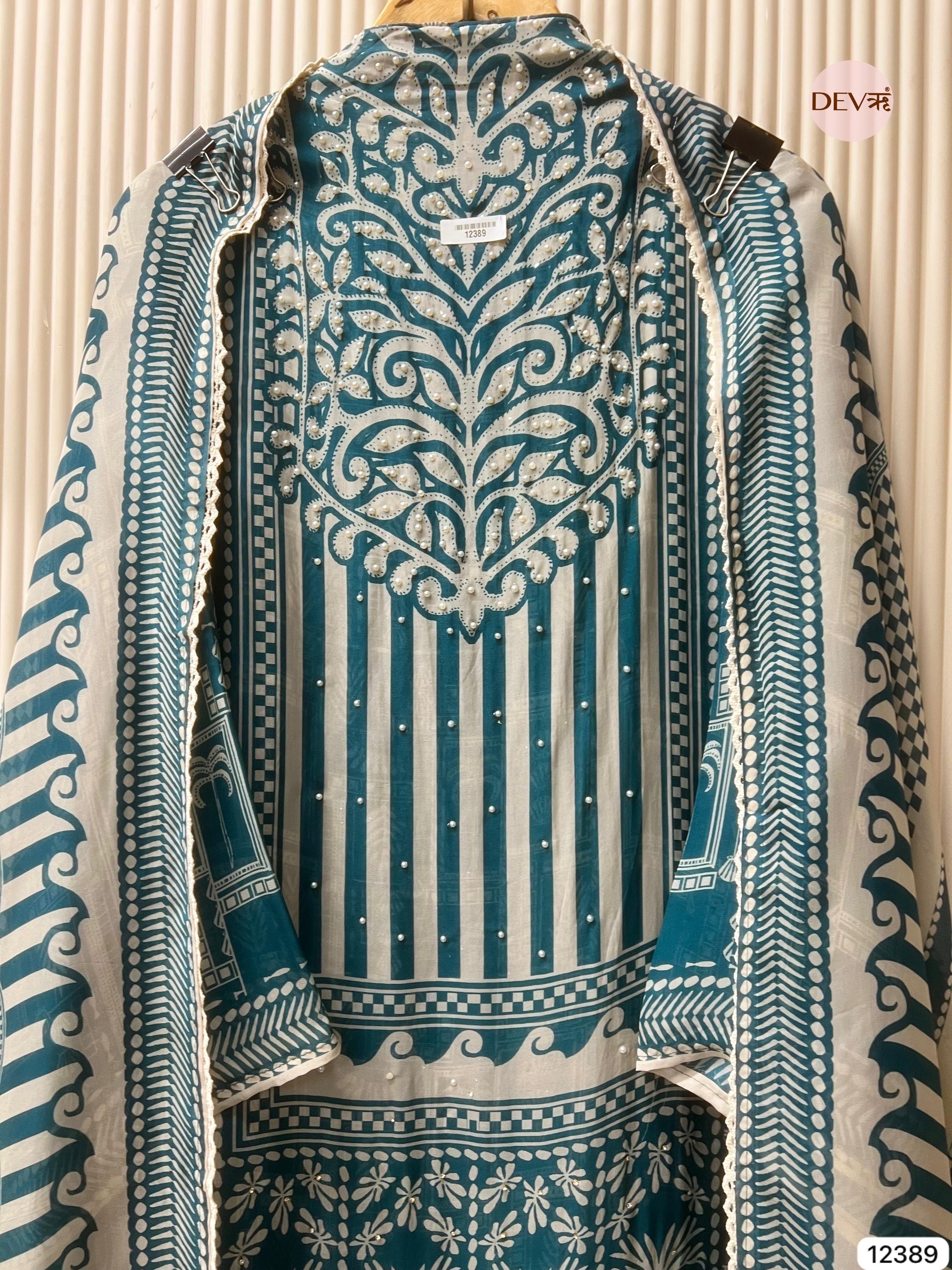 Teal and White Organza Printed Unstitched 3-Piece Suit (Devri – D.No 12389)