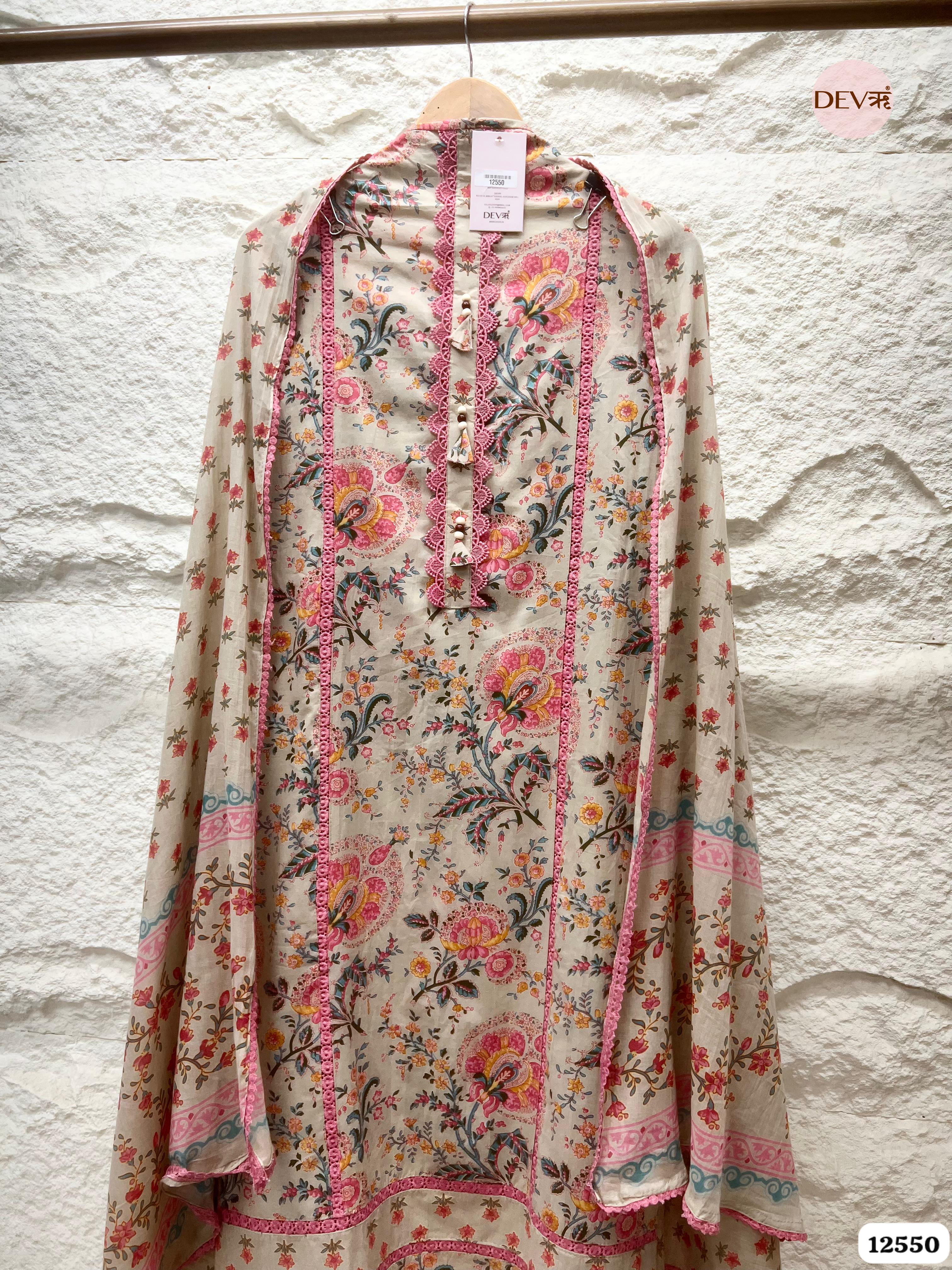 Beige Pure Cotton Floral Printed Unstitched 3-Piece Suit (Devri – D.No 12550)
