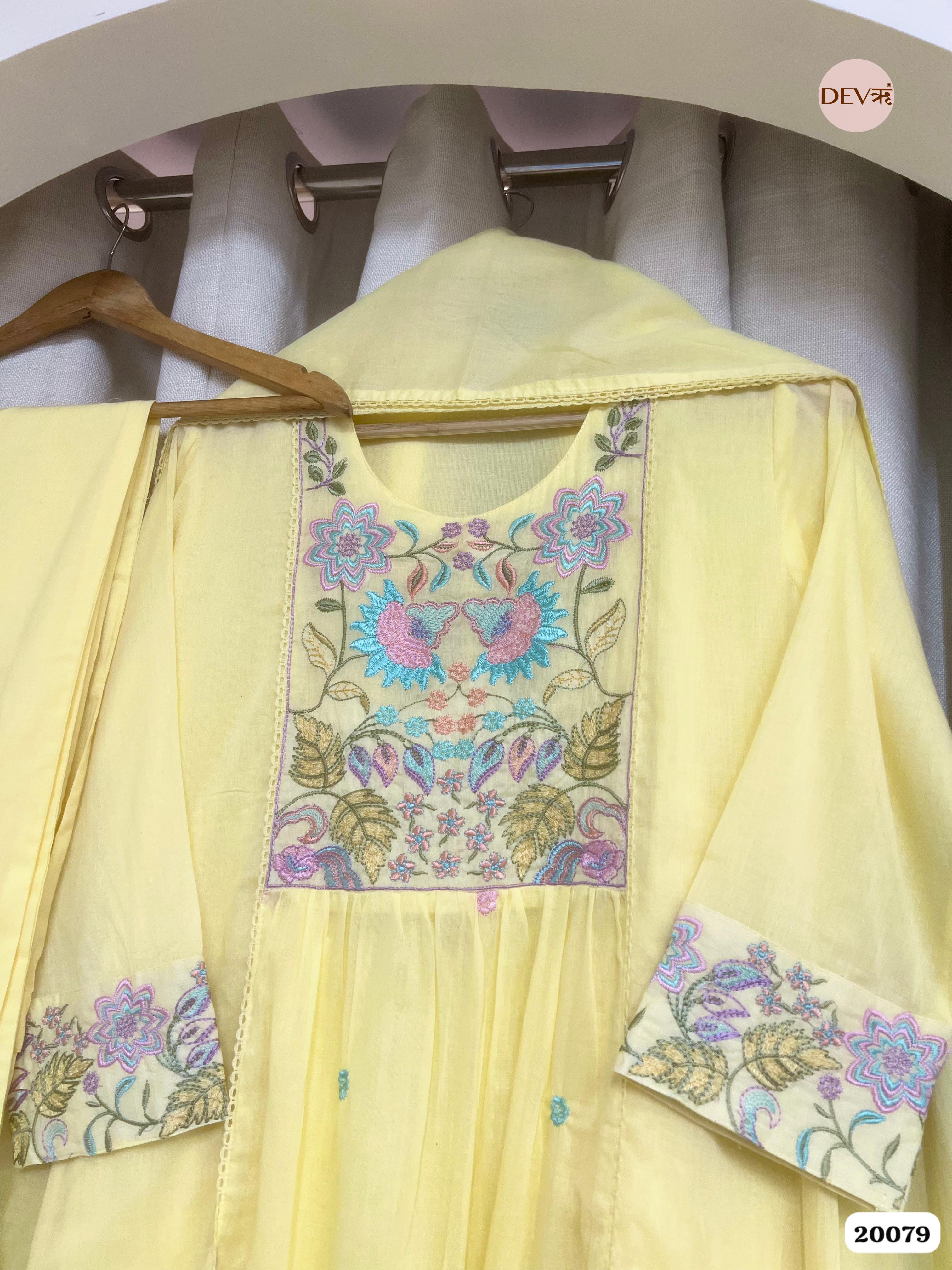 Jivika Cotton Embroidered Sun Yellow 3-Piece Set (Devri – D.No 20079)