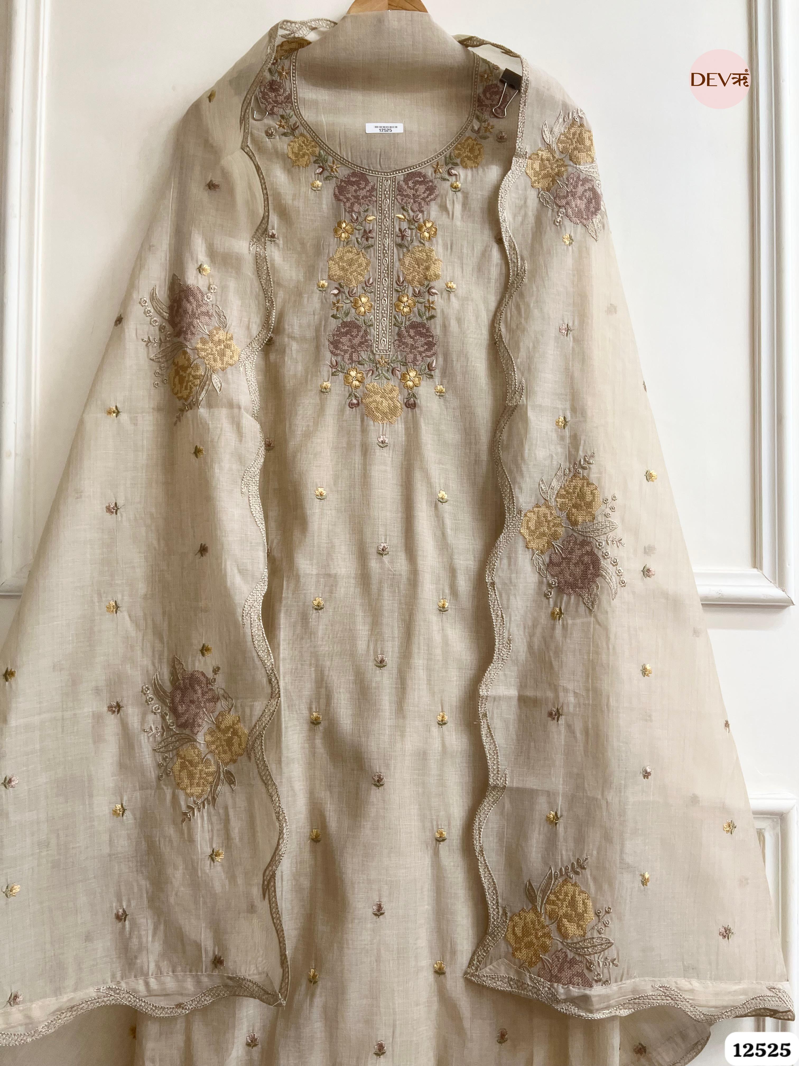 baige Mul Chanderi Embroidered Unstitched 3-Piece Suit (Devri – D.No . 12525)