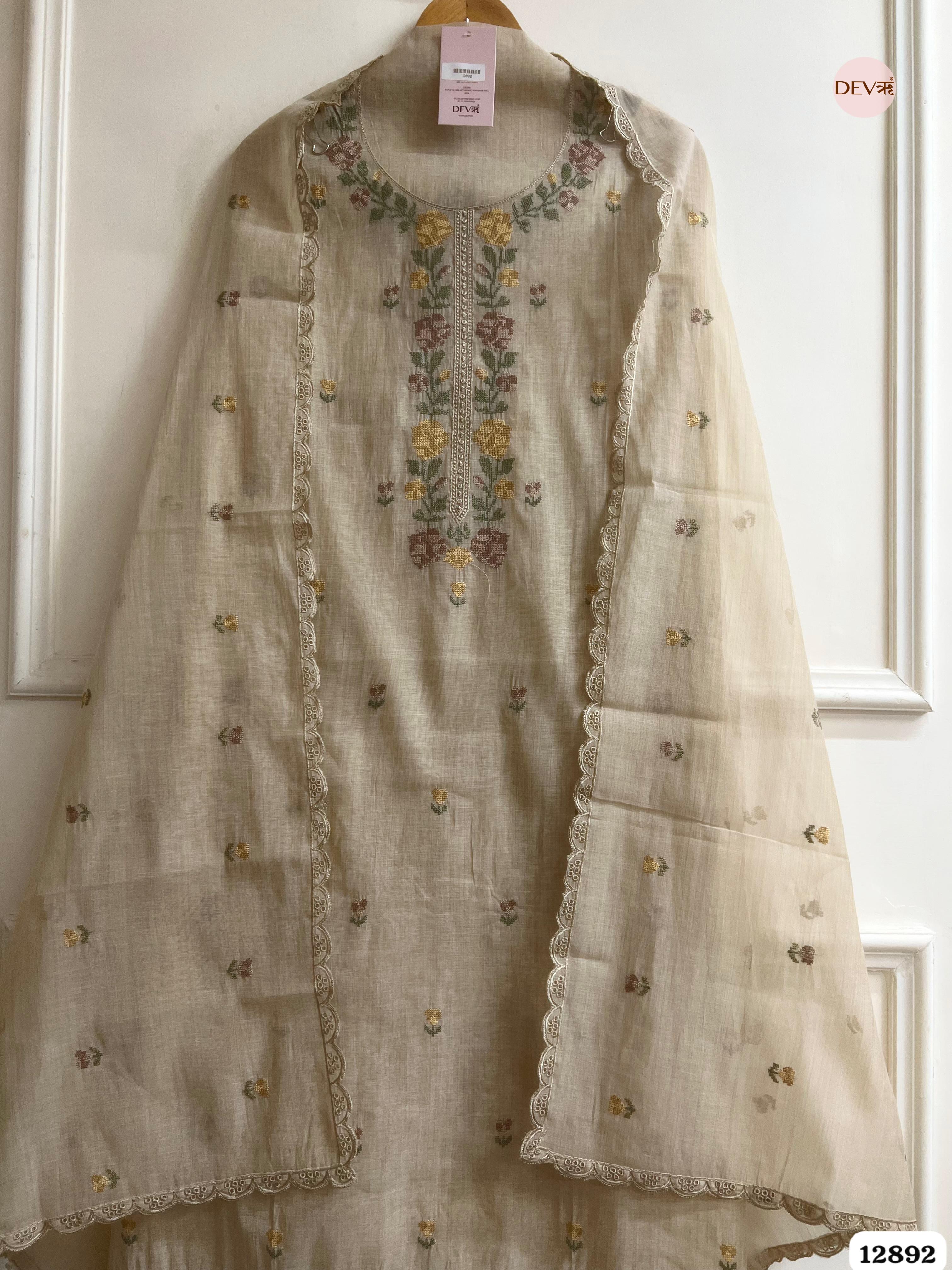 Beige Mul Chanderi Embroidered Unstitched 3-Piece Suit (Devri – D.No 12892)