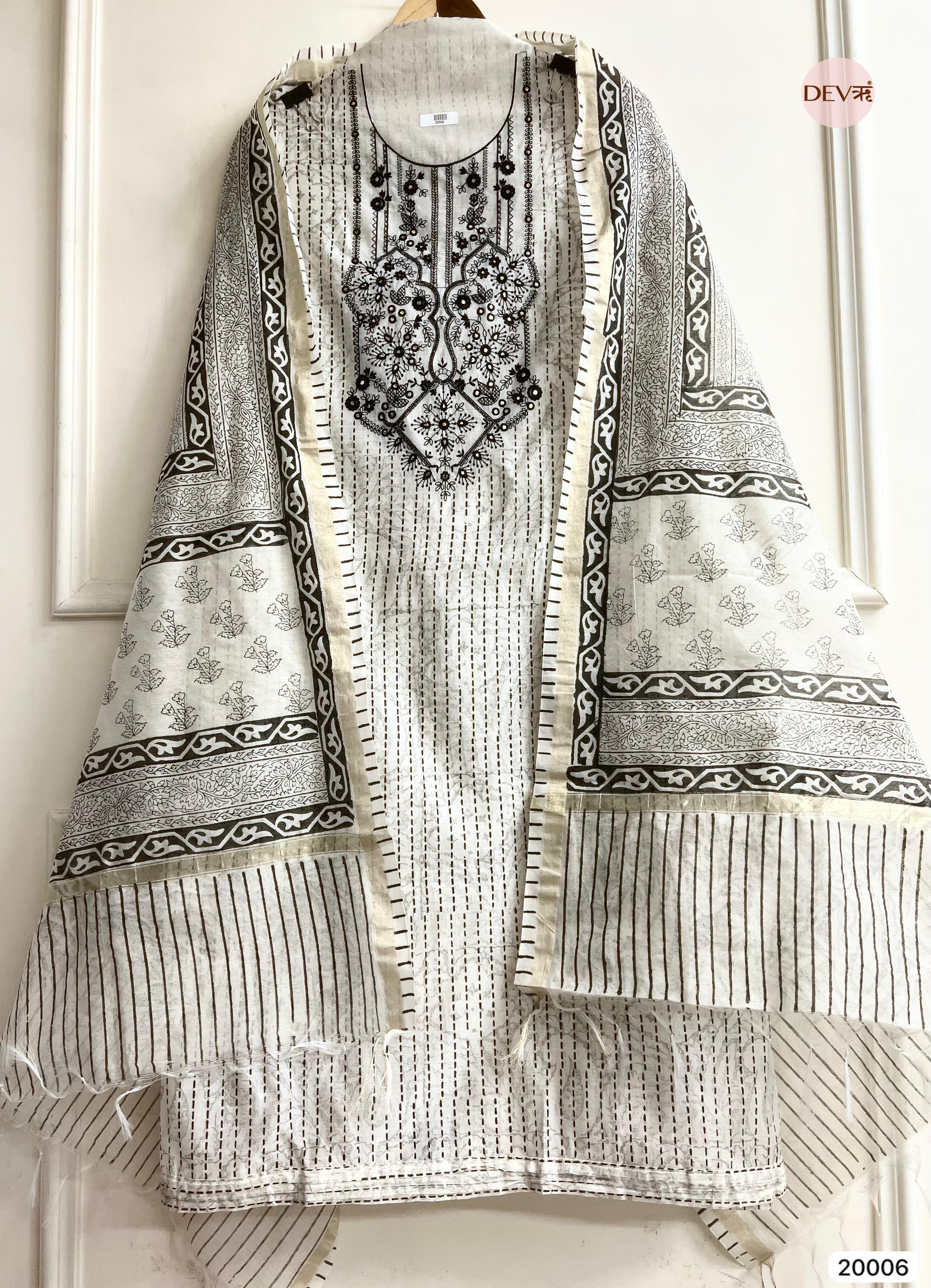 Black and White Pure Linen Cotton Embroidered Unstitched 3-Piece Suit (Devri – D.No 20006)