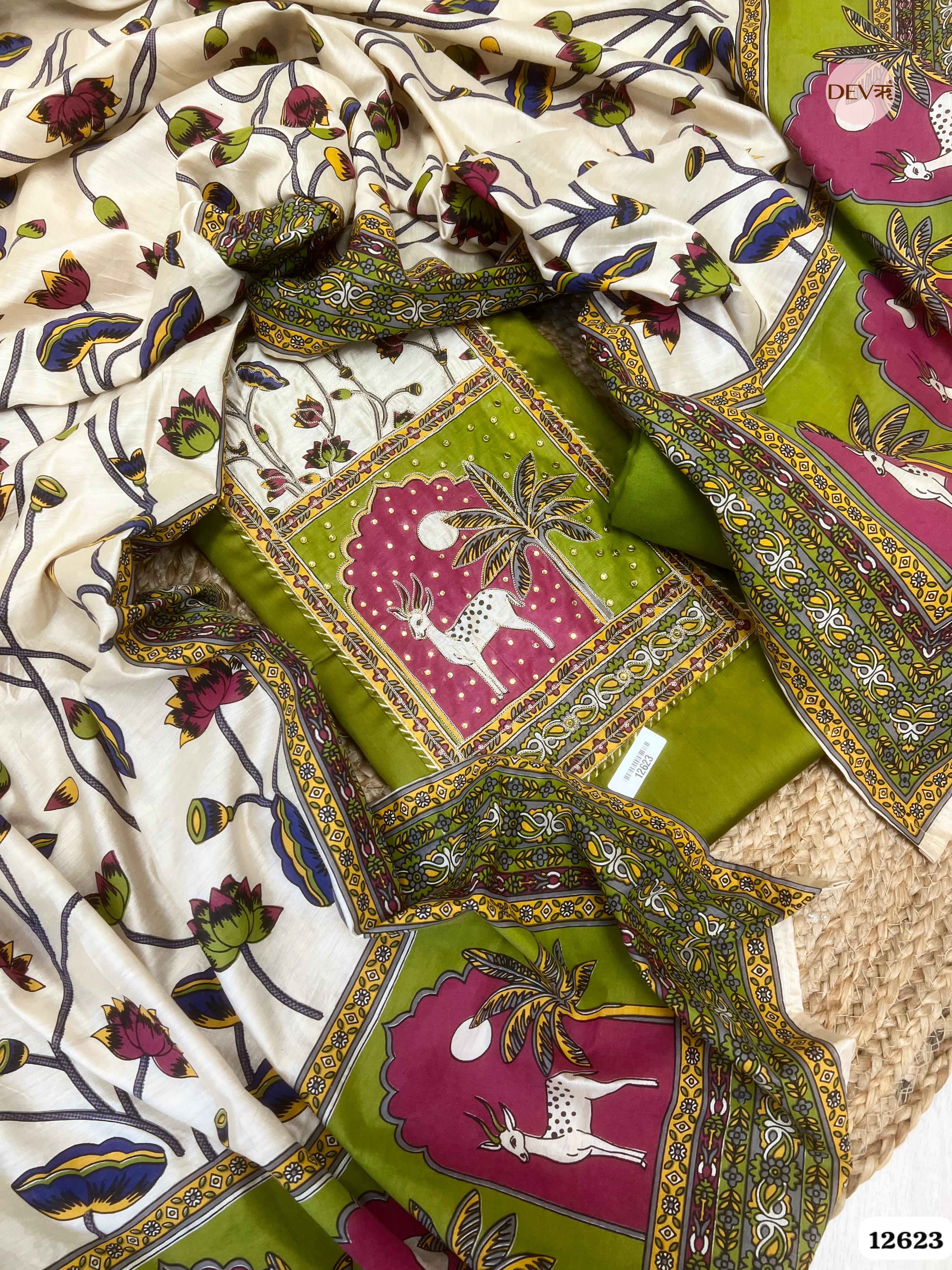Olive Green Cotton Printed Unstitched 3-Piece Suit (Devri – D.No 12623)