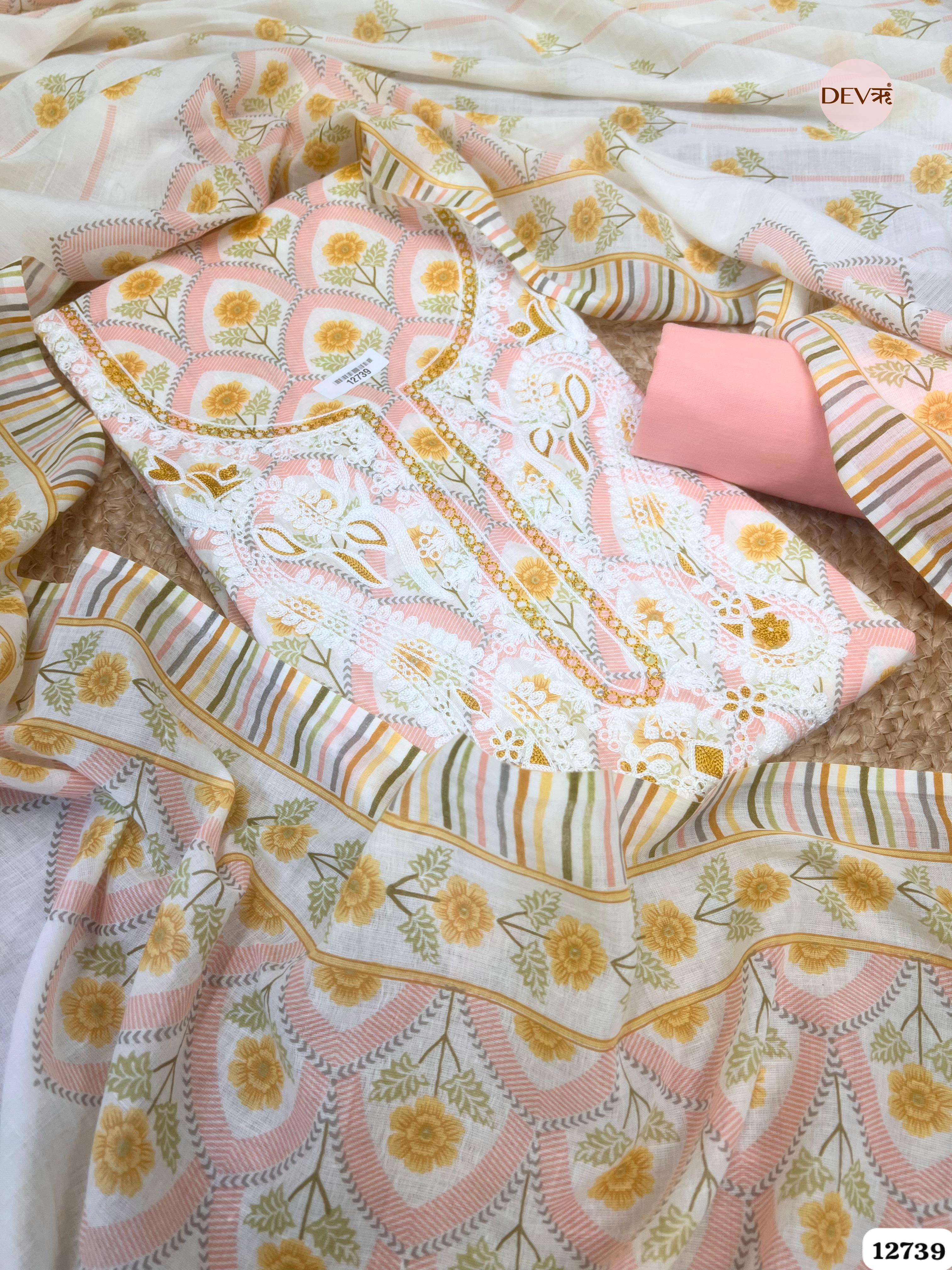 Peach Cotton Embroidered Unstitched 3-Piece Suit (Devri – D.No 12739)