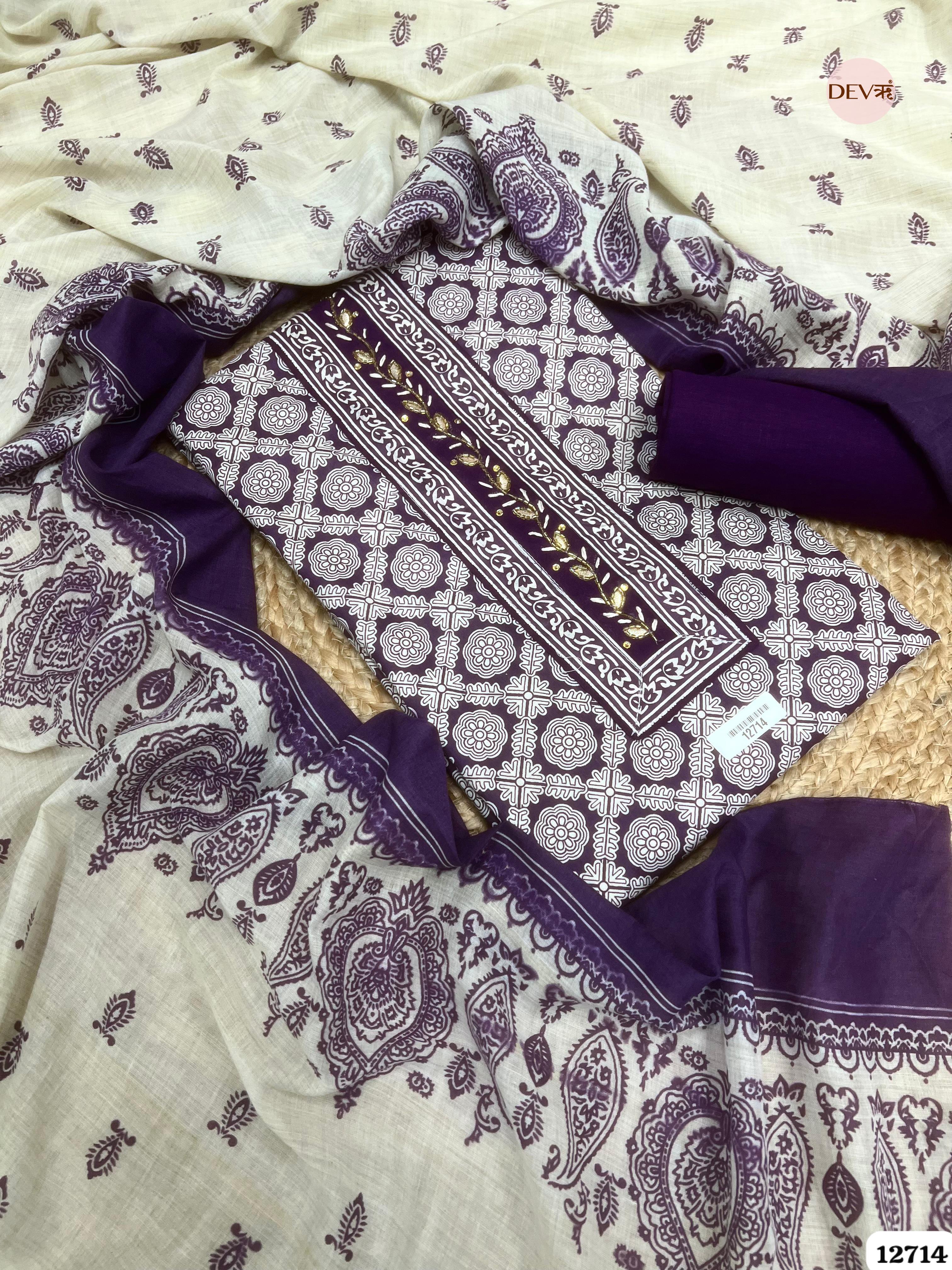 Deep Purple Cotton Printed Unstitched 3-Piece Suit (Devri – D.No 12714)