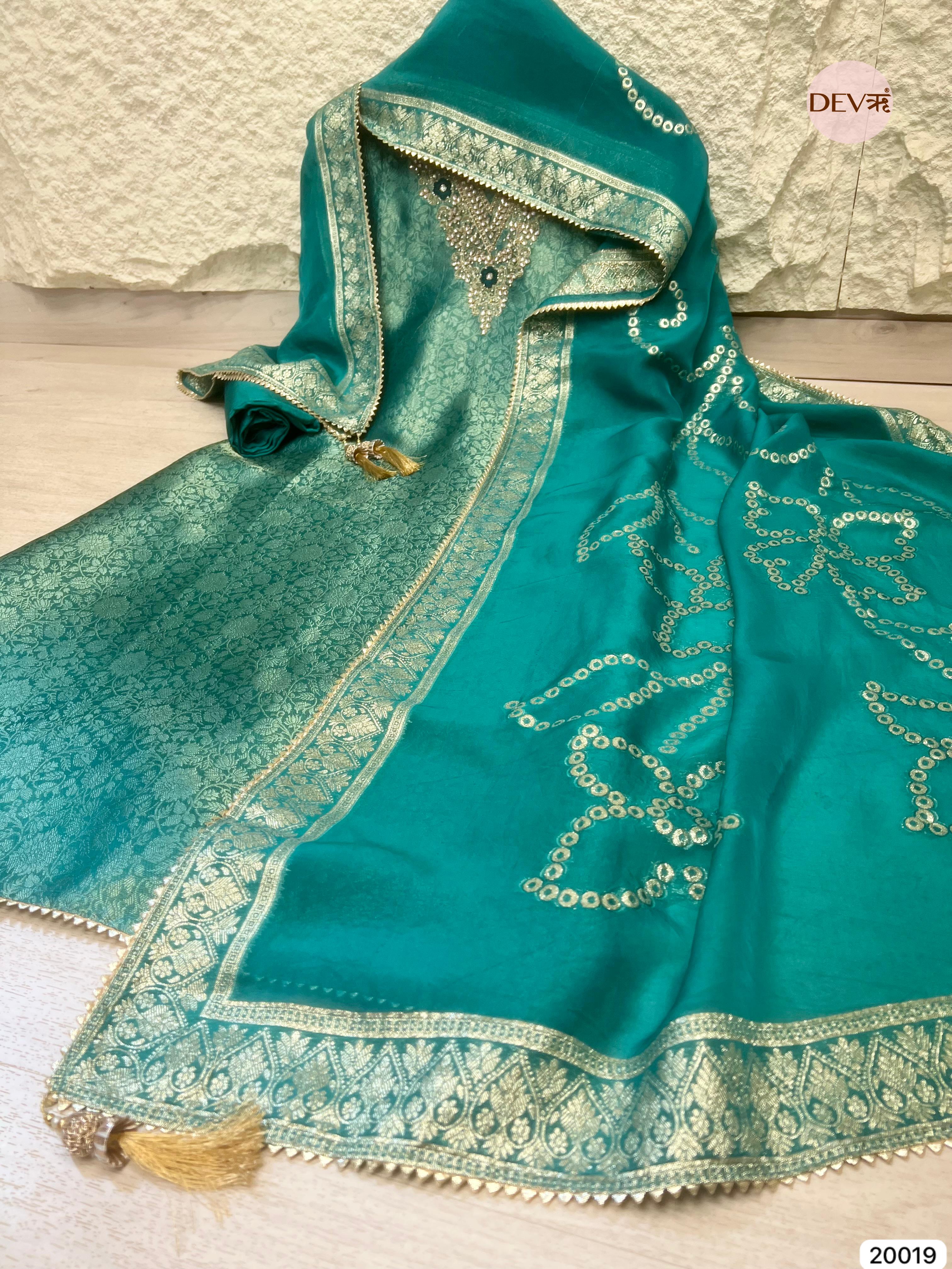 Teal Blue Tissue Jacquard Embroidered Unstitched 3-Piece Suit (Devri – D.No 20019)