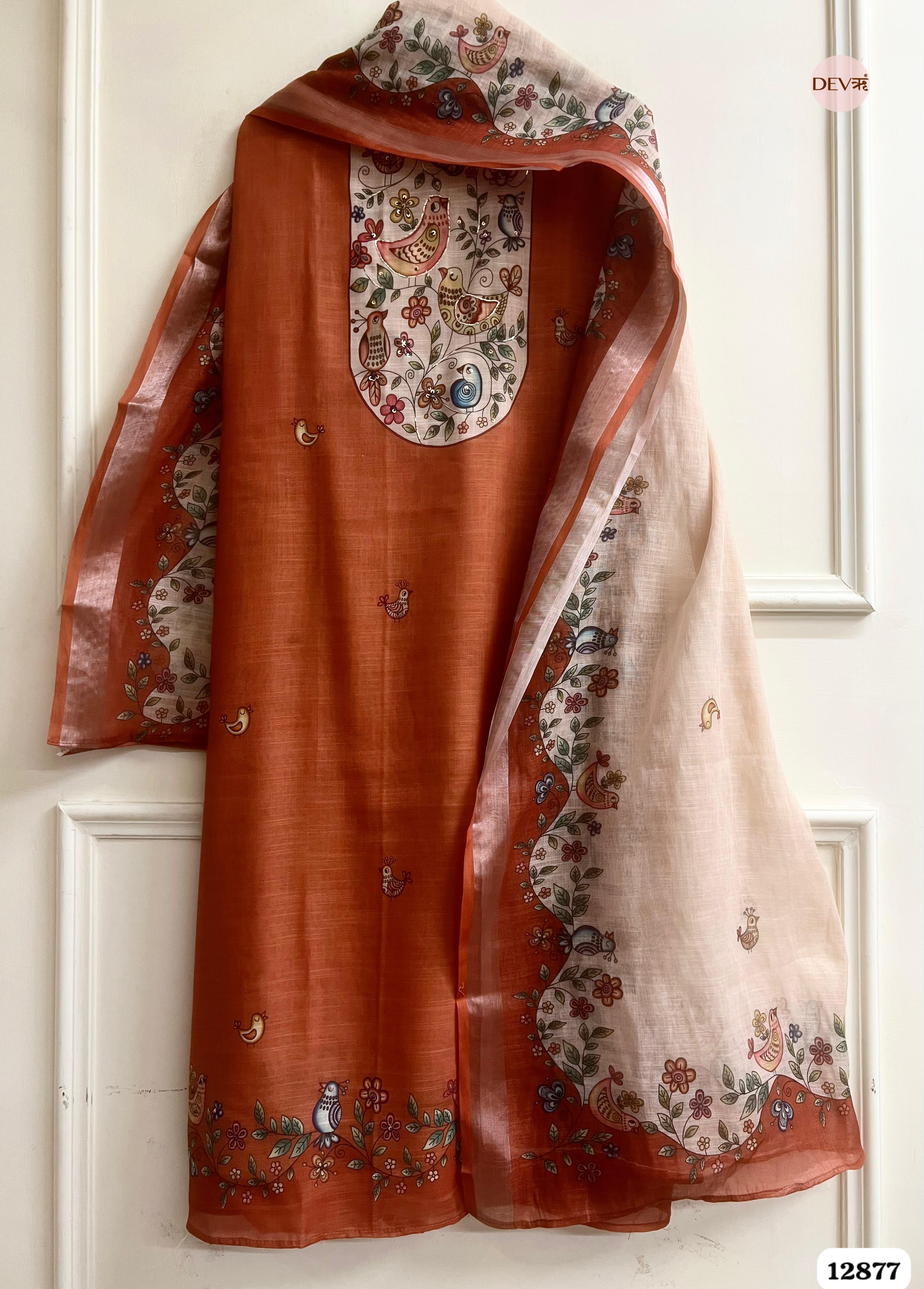Rust Orange Linen Cotton Printed Unstitched 3-Piece Suit (Devri – D.No 12877)