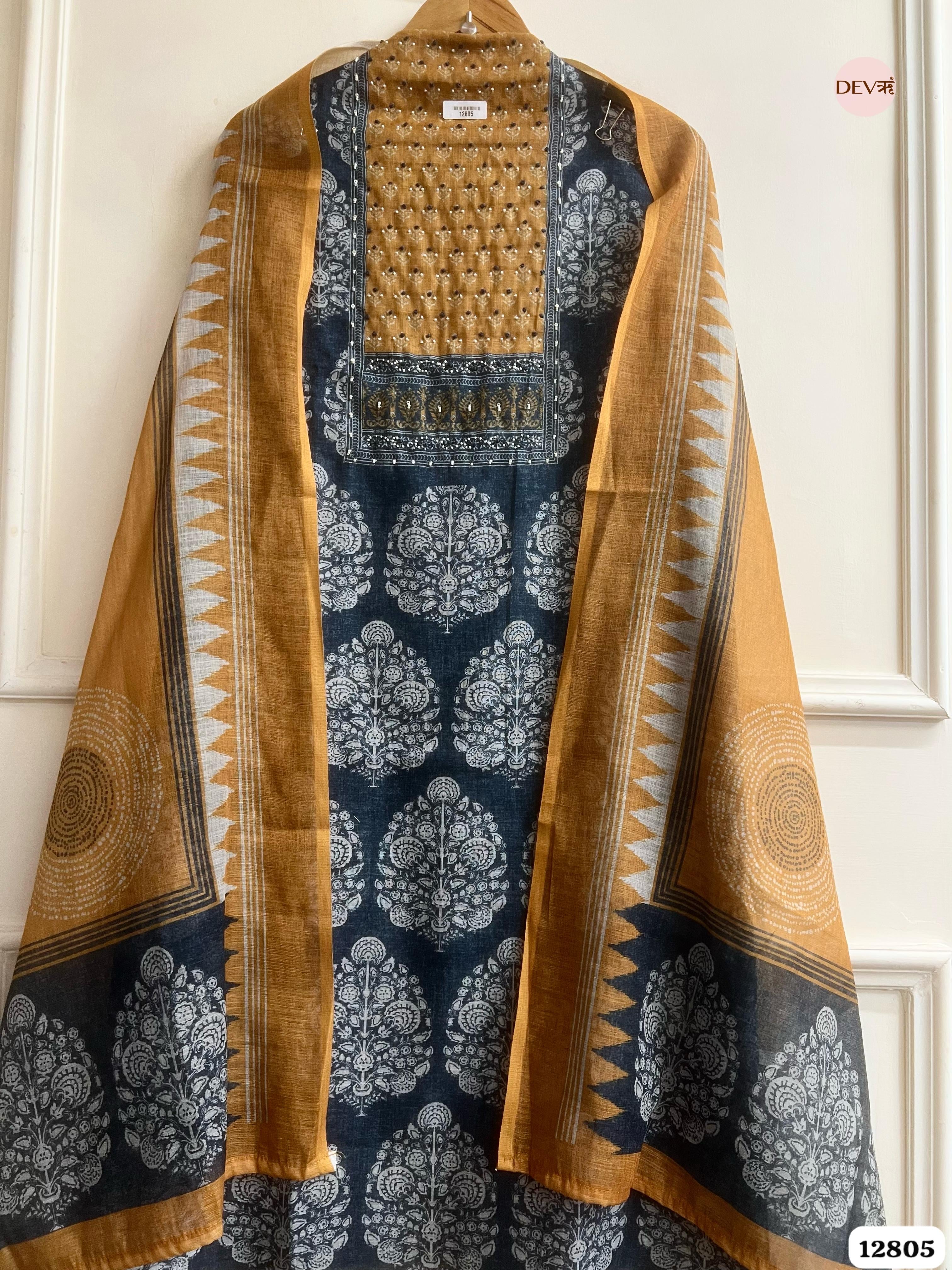 Mustard Linen Cotton Printed Unstitched 3-Piece Suit (Devri – D.No 12805)