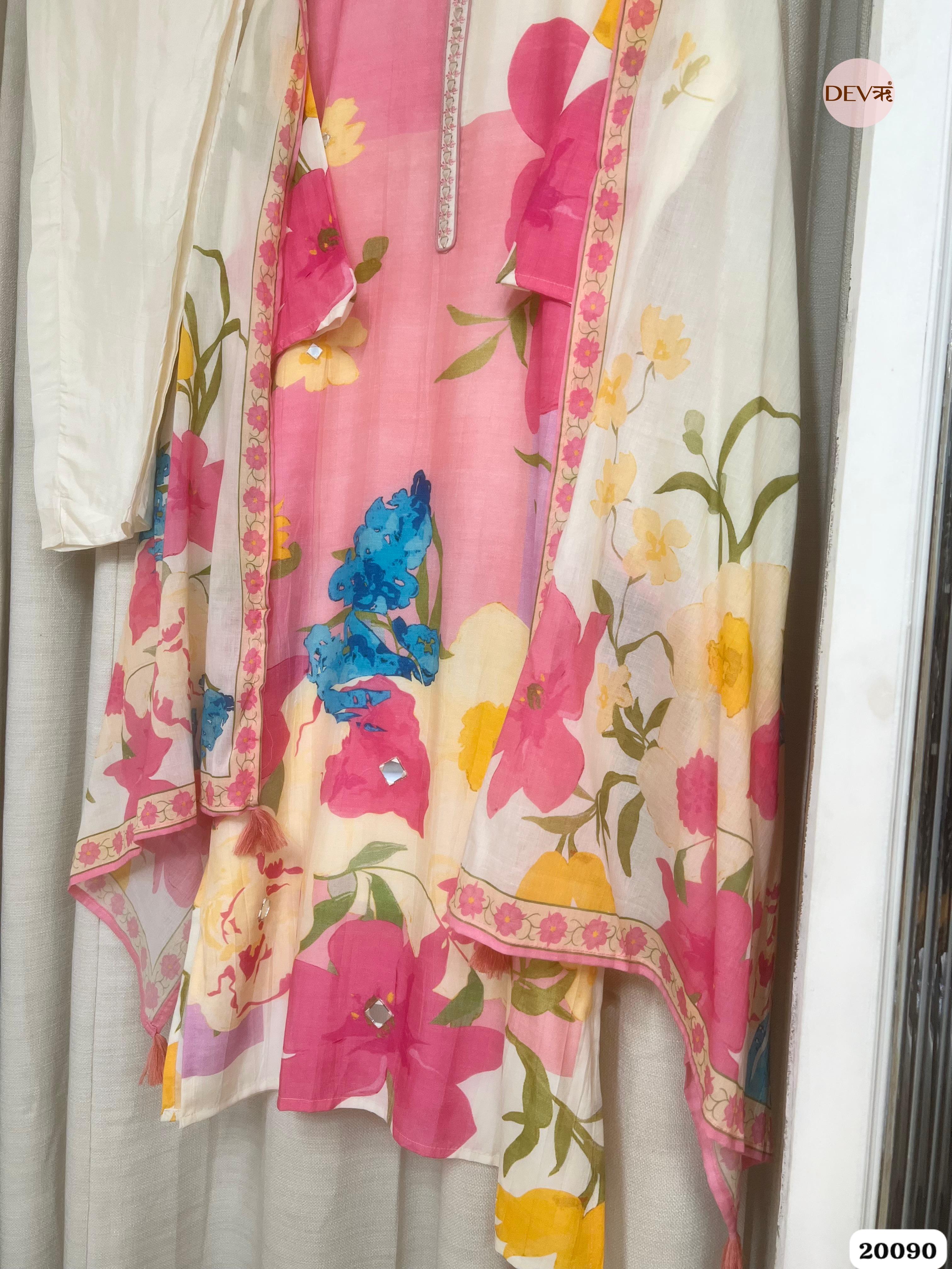 Jivika Pure Cotton Printed Pink & Ivory 3-Piece Set (Devri – D.No 20090)