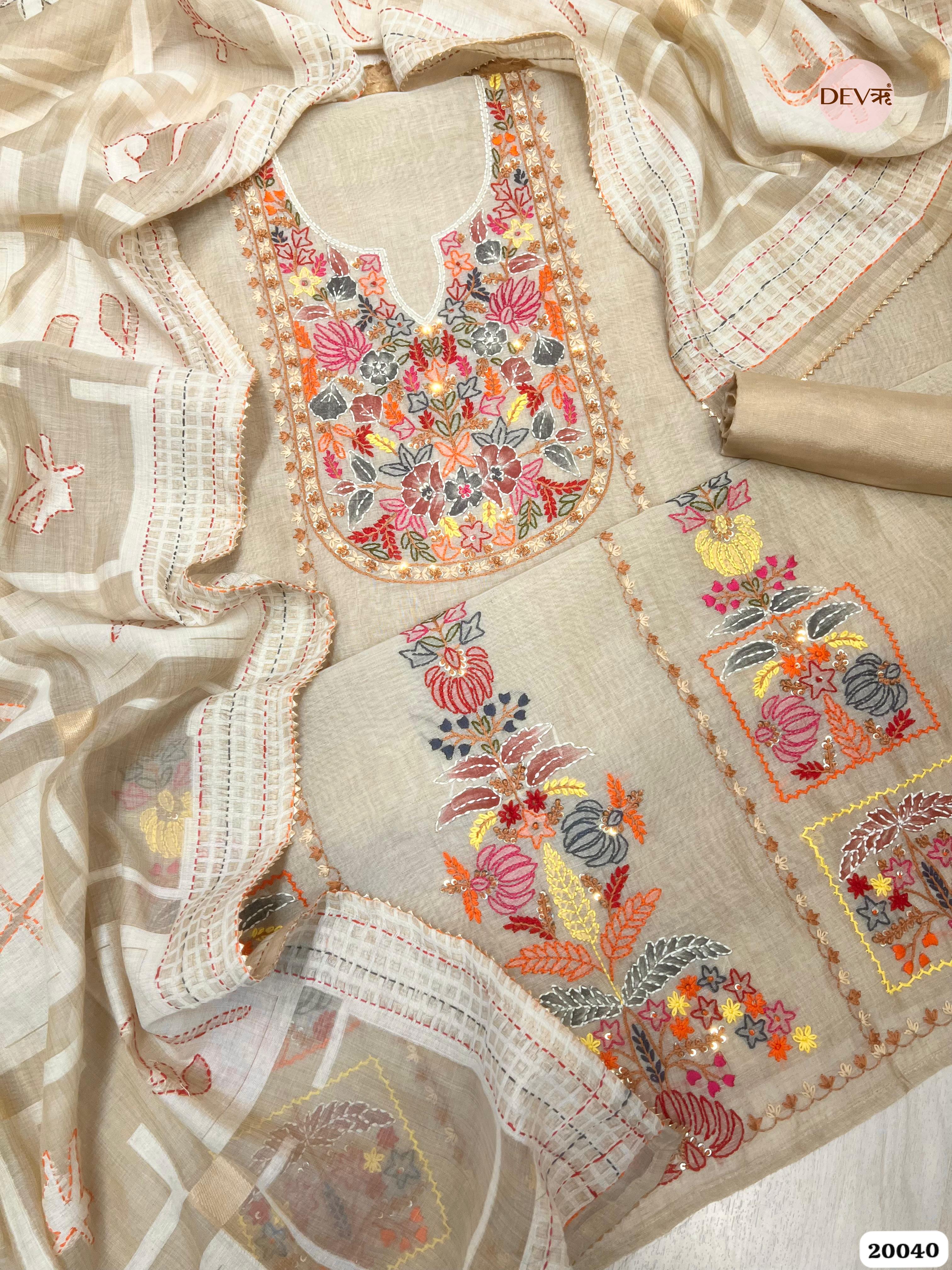 Beige Mul Chanderi Embroidered Unstitched 3-Piece Suit (Devri – D.No. 20040)