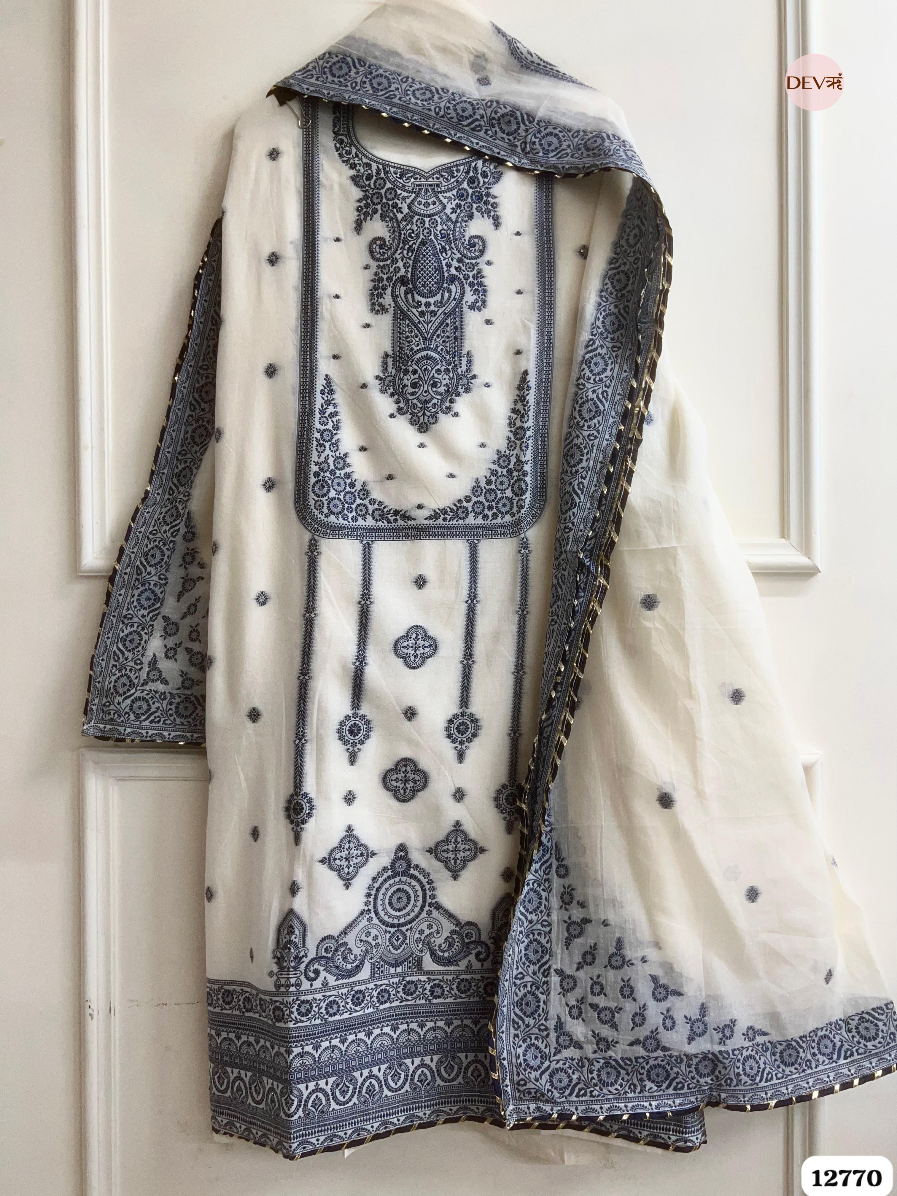 Off-White Jamdani Cotton Embroidered Unstitched 3-Piece Suit (Devri – D.No 12770)