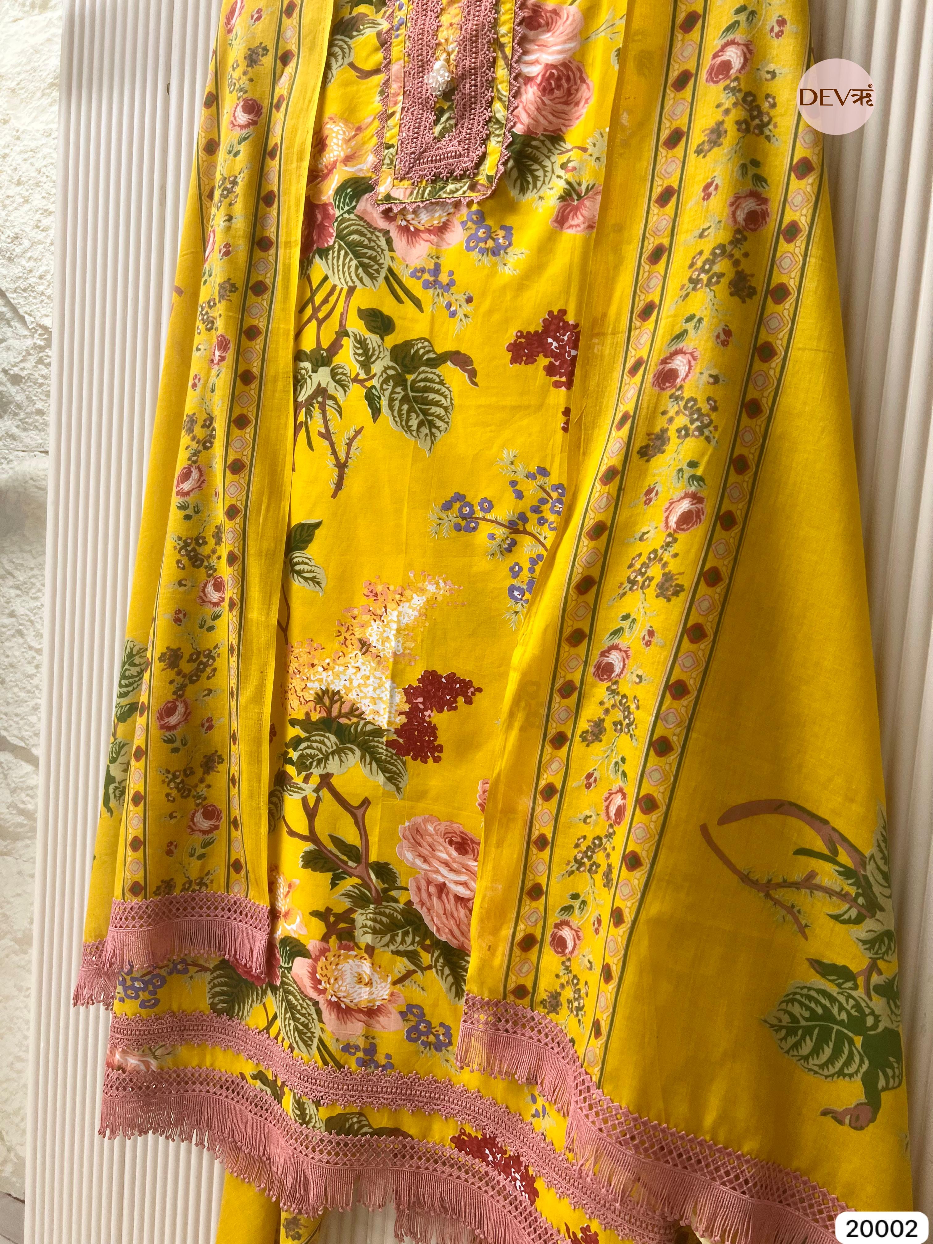 Yellow Pure Cotton Printed Unstitched 3-Piece Suit (Devri – D.No 20002)