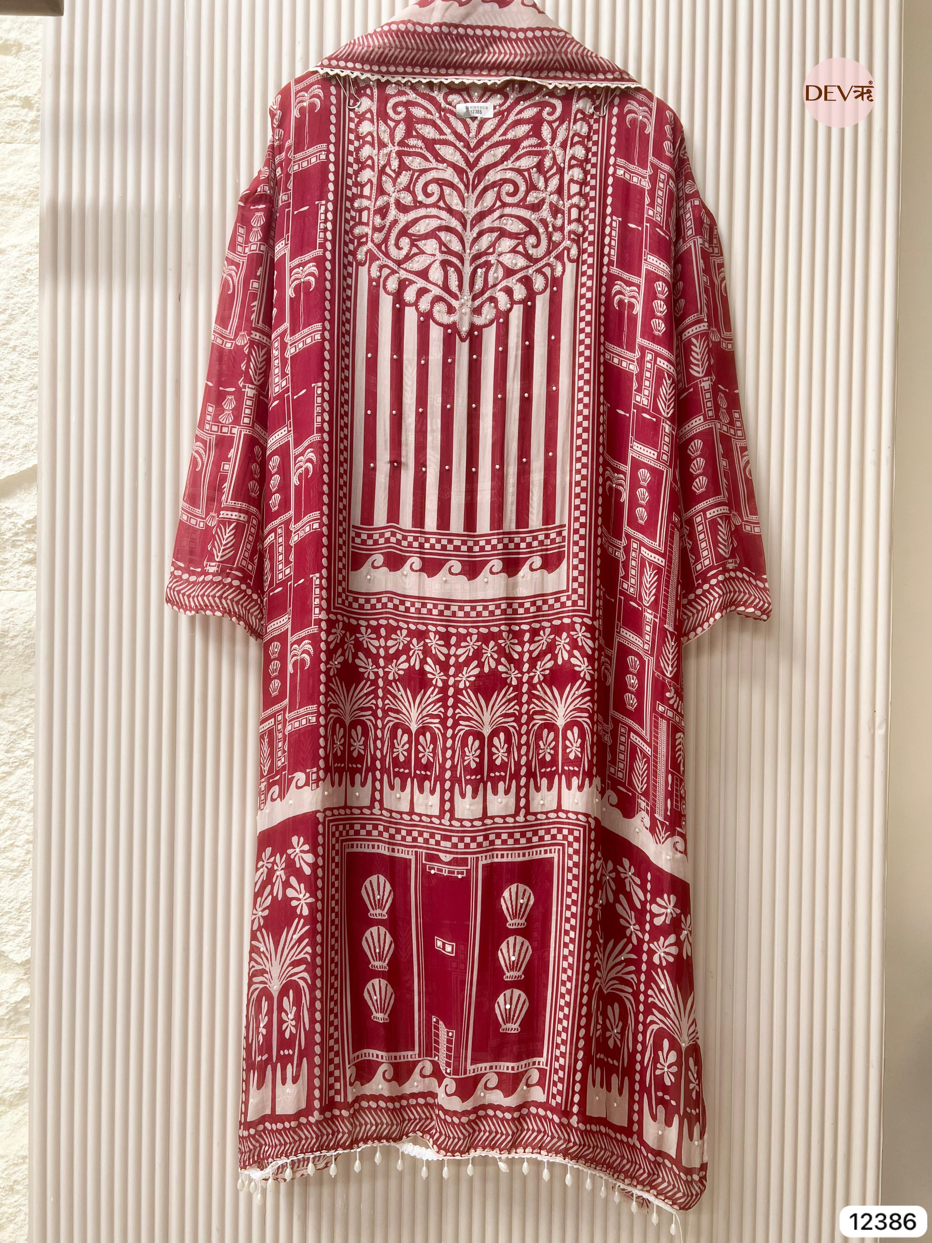 Maroon and White Organza Printed Unstitched 3-Piece Suit (Devri – D.No 12386)