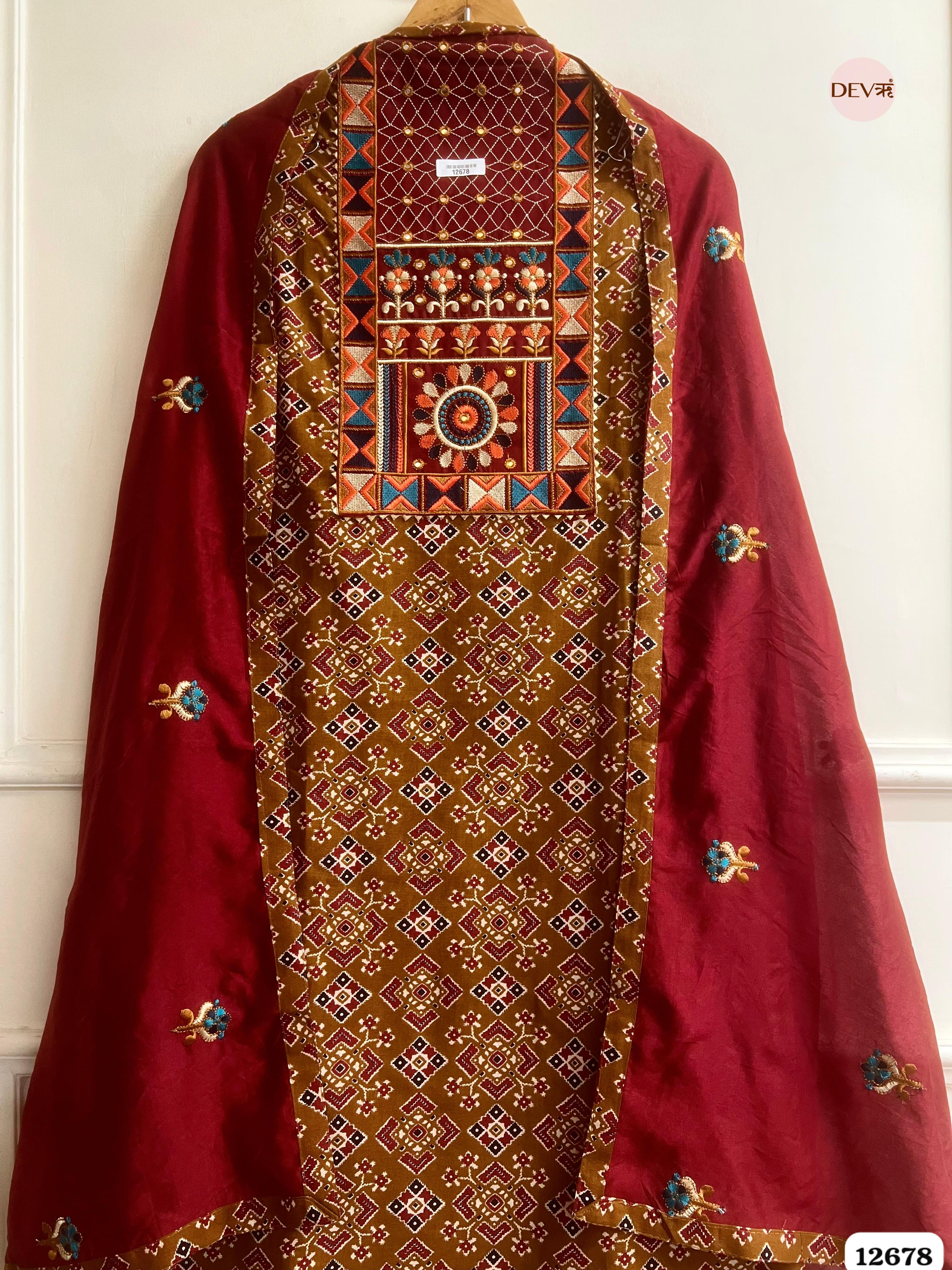 Mustard and Maroon Modal Silk Printed Unstitched 3-Piece Suit (Devri – D.No 12678)