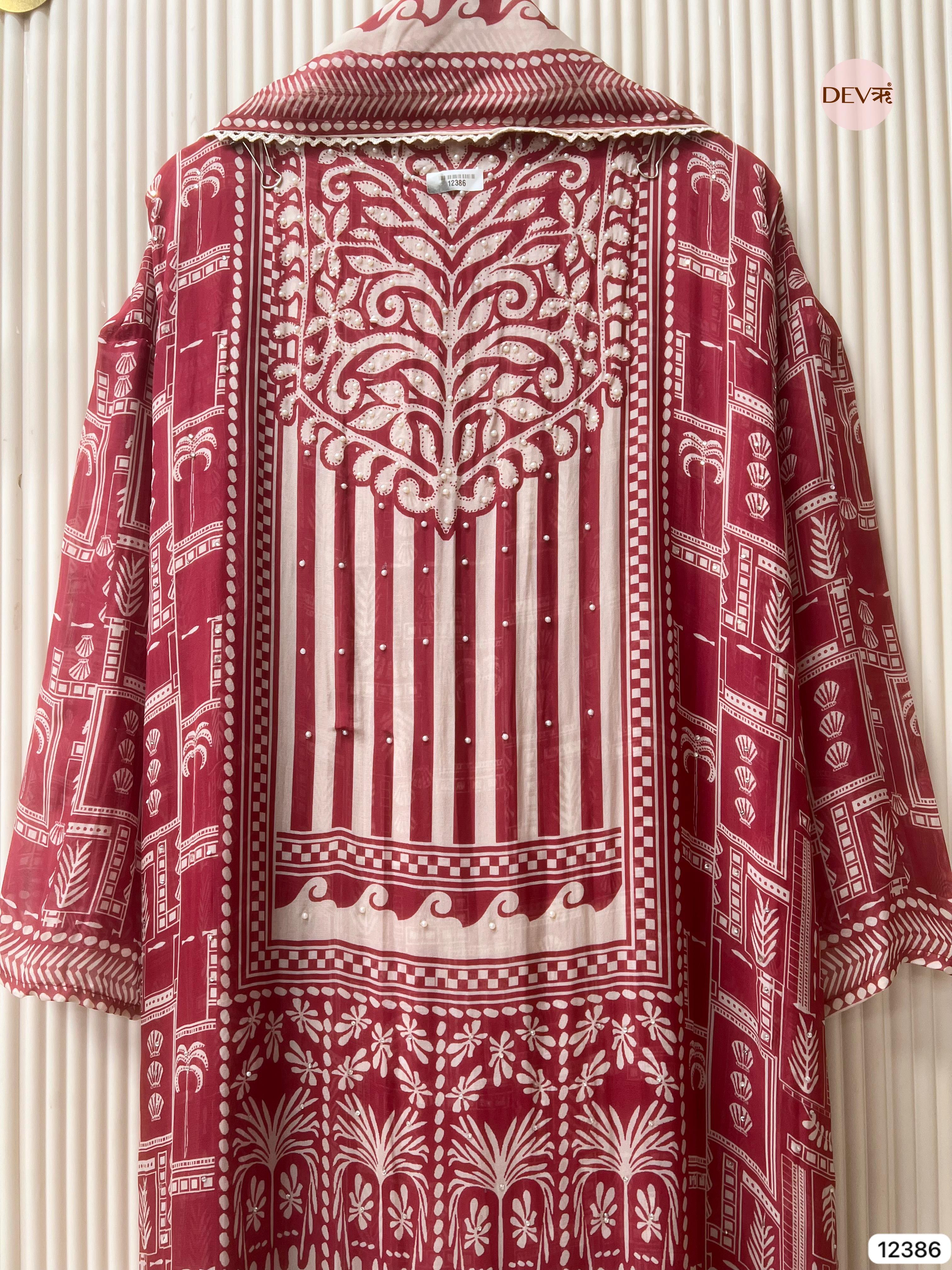 Maroon and White Organza Printed Unstitched 3-Piece Suit (Devri – D.No 12386)