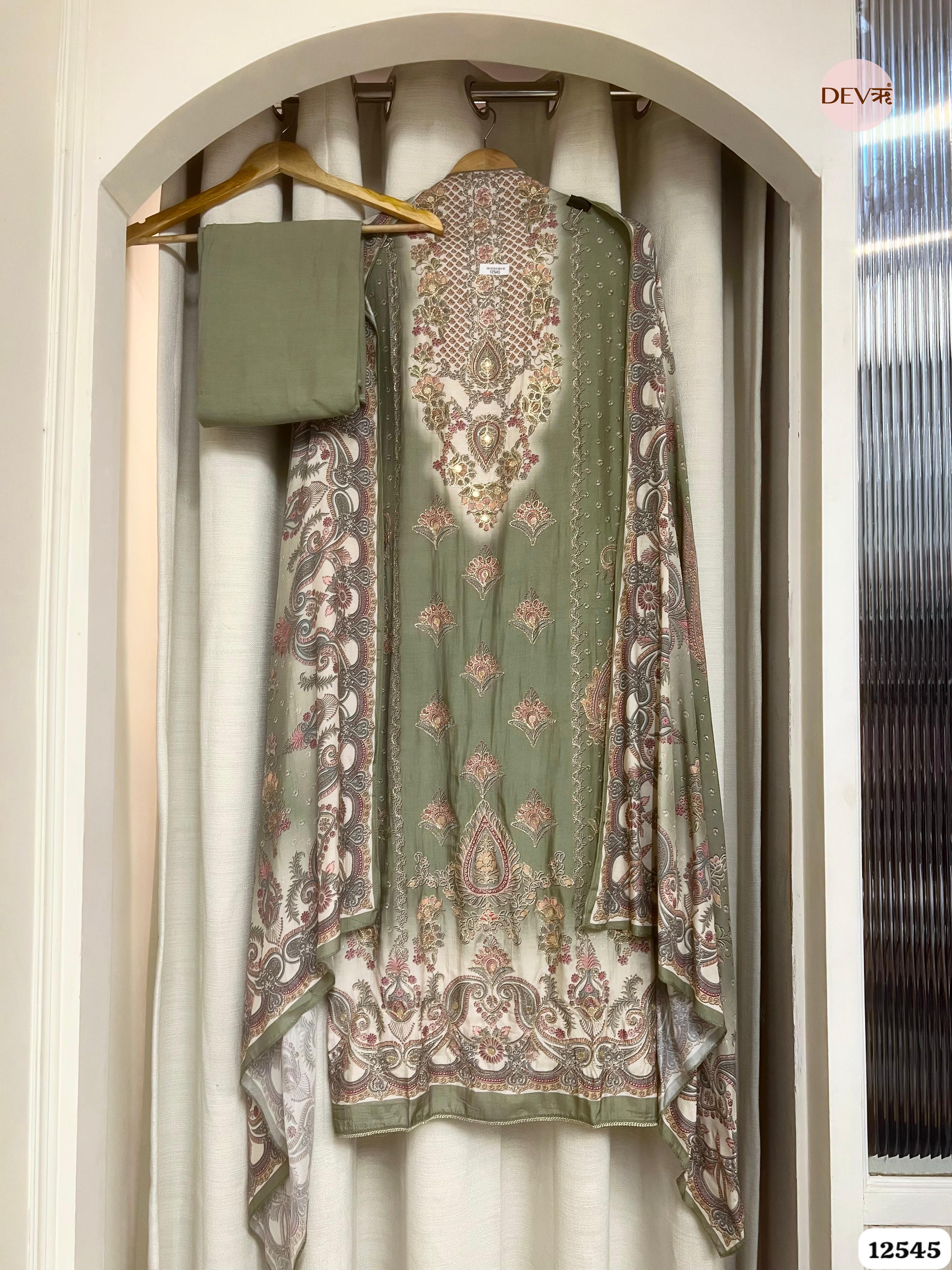 Olive Green Muslin Embroidered Unstitched 3-Piece Suit (Devri – D.No 12545)