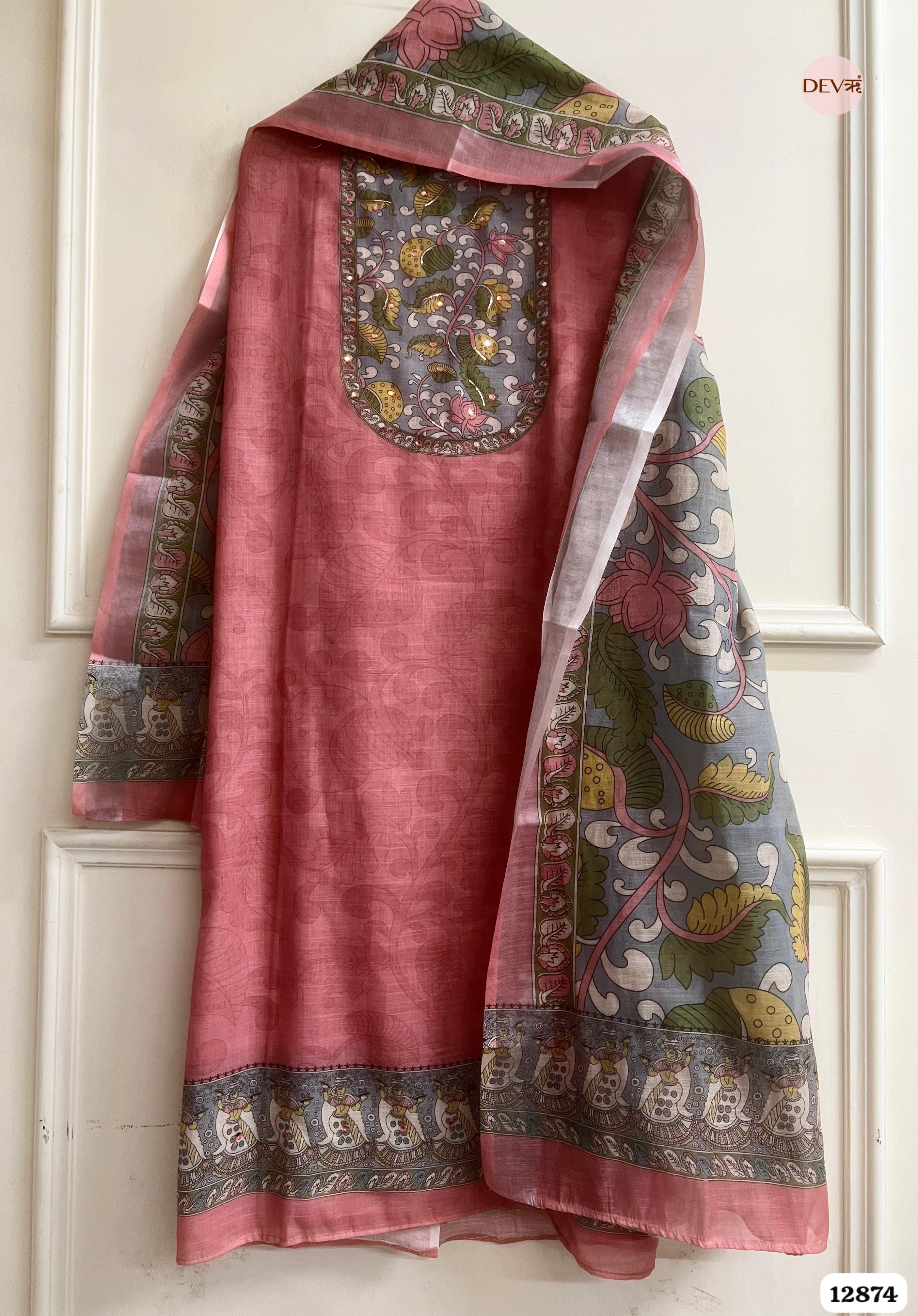 Pink Linen Cotton Printed Unstitched 3-Piece Suit (Devri – D.No 12874)